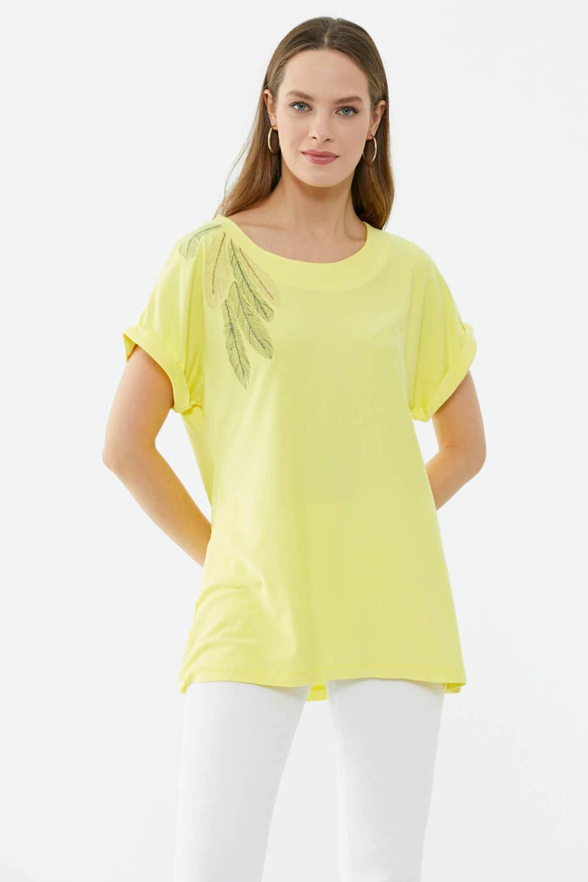 Sementa Taş Detaylı Dökümlü Tshirt - Sarı