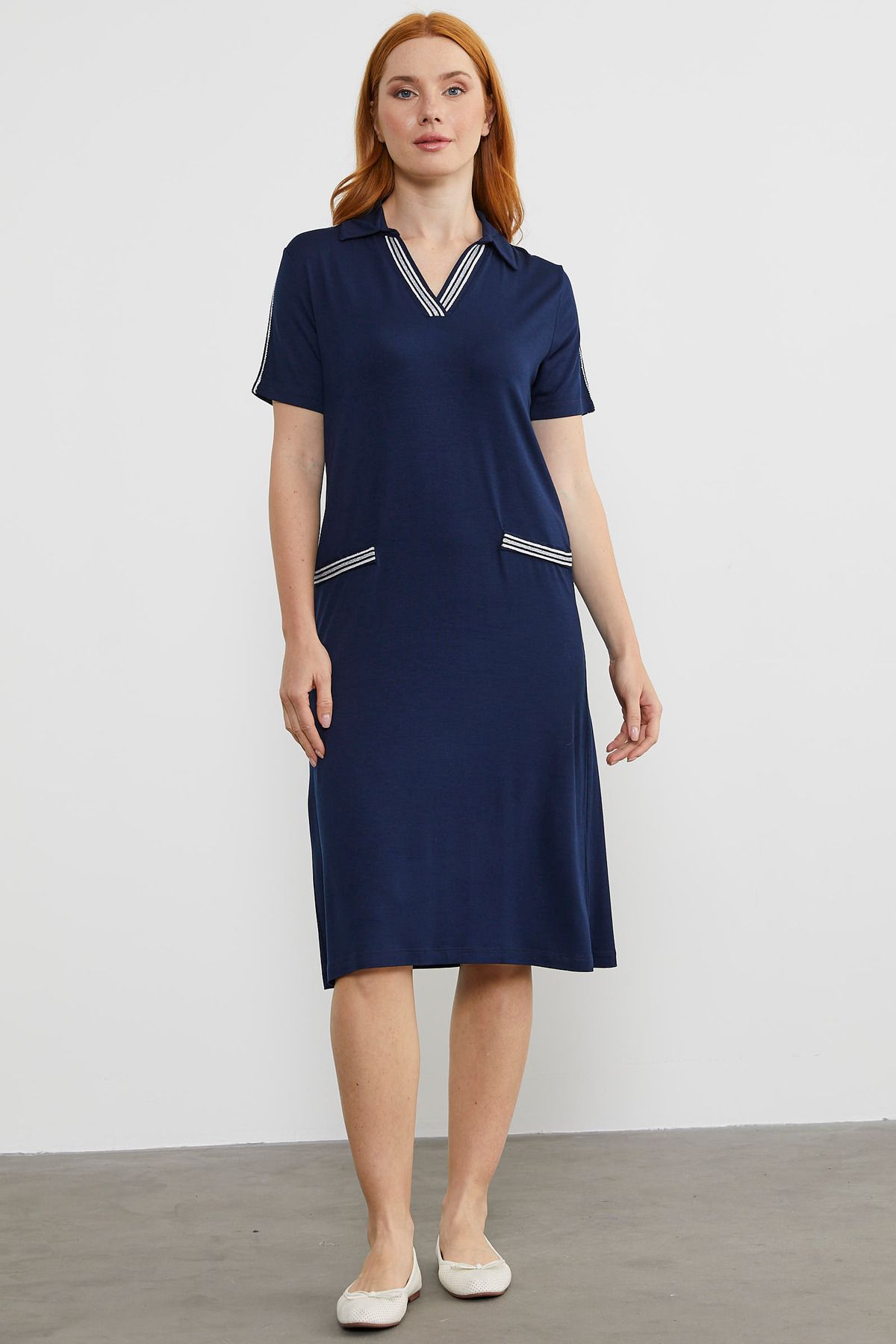 Sementa Dökümlü Açık Polo Yaka Elbise - Lacivert