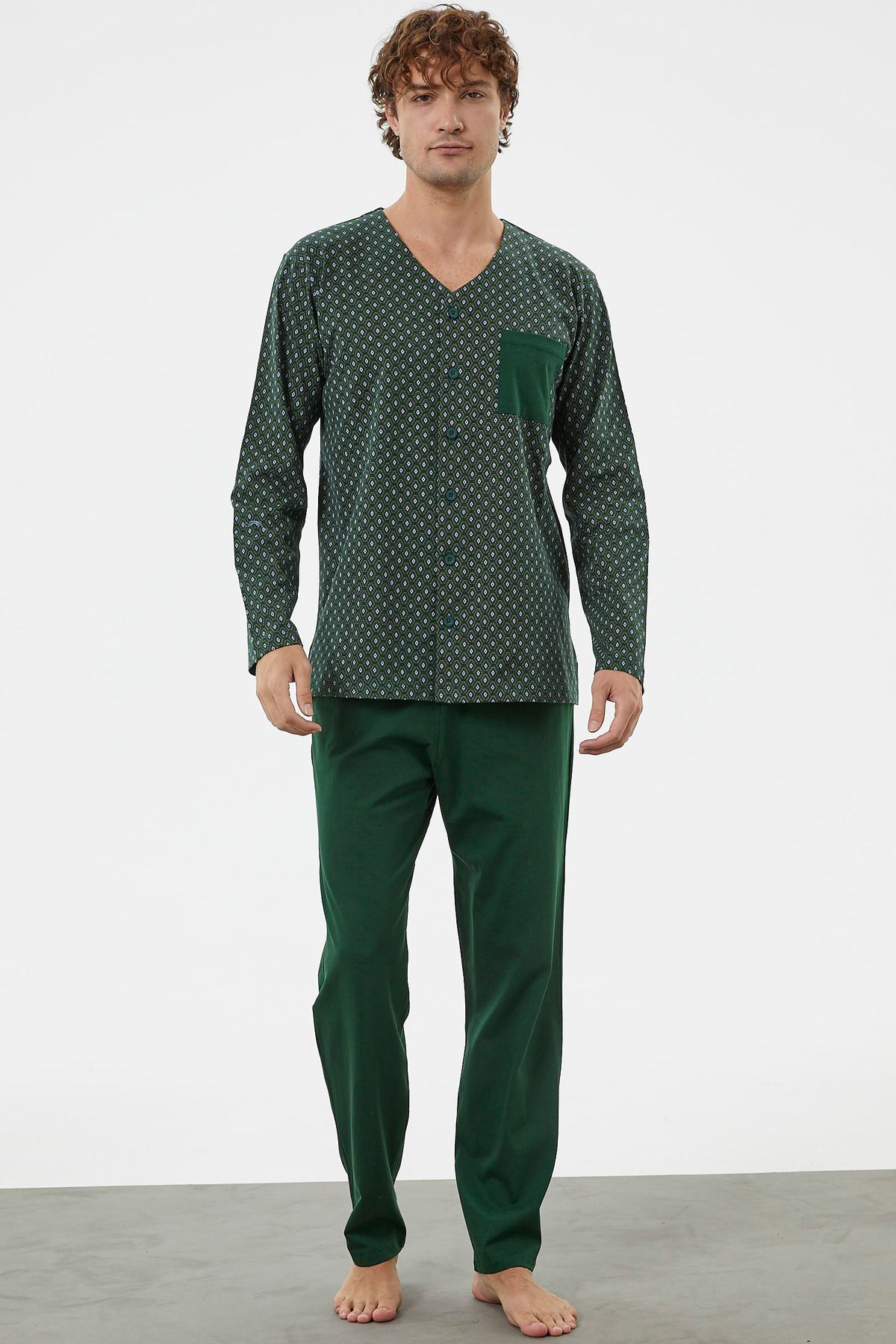 Sementa V Yaka Düğmeli Pijama Takım - Yeşil