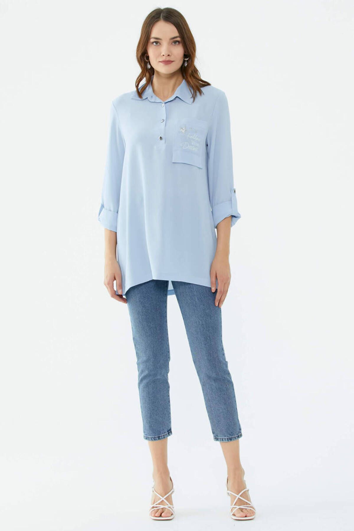 Sementa Cep Detaylı Krep Uzun Gömlek - Açık Mavi