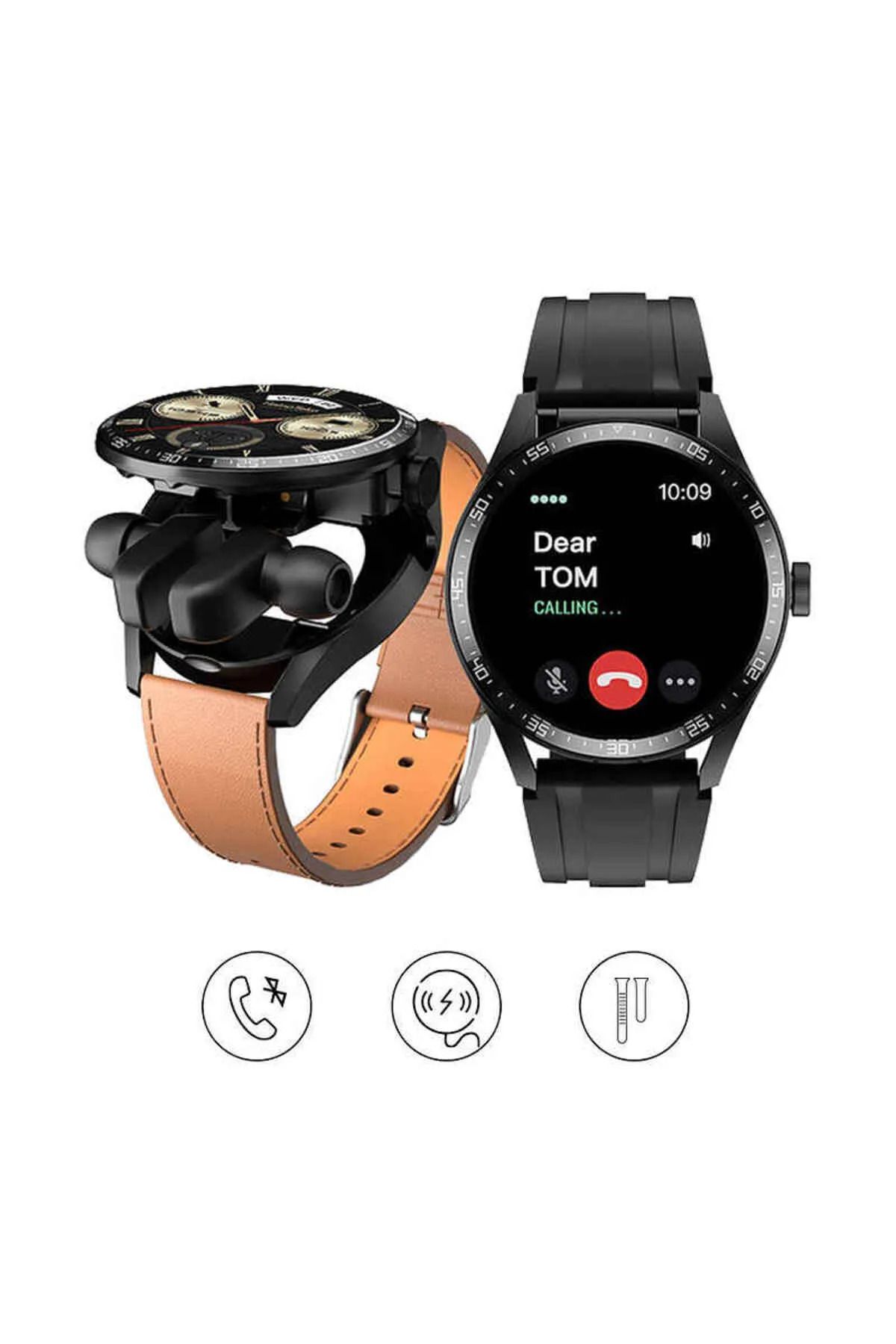 Marka Aksesuar Gt5 Buds Bluetooth Kulaklıklı 2si 1 Arada Gps//siri Destekli DERİ Kordonlu Watch Buds Akıllı Saat