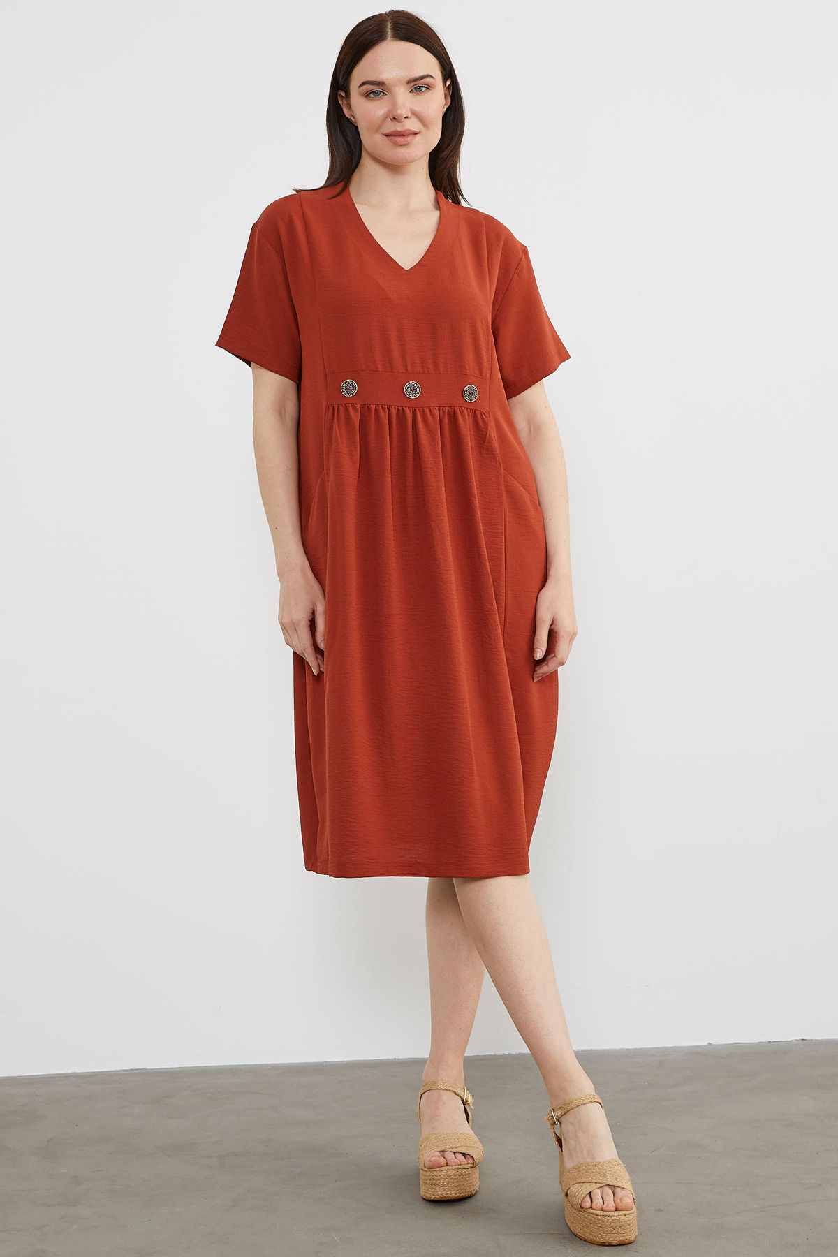 Sementa Geniş Kalıp Dökümlü Krep Elbise - Kiremit