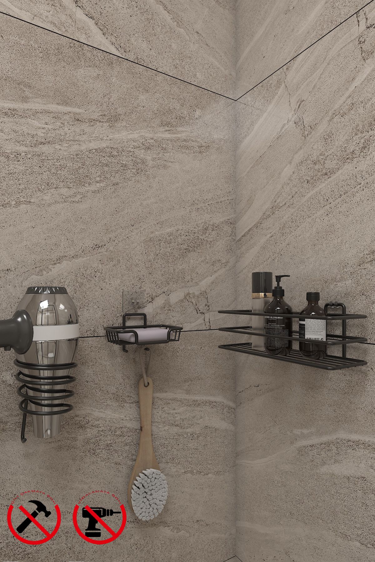 Alper Banyo SİYAH 3LÜSET Yapışkanlı Banyo Düzenleyici Raf - Yapışkanlı Kancalı Sabun- Kare fön