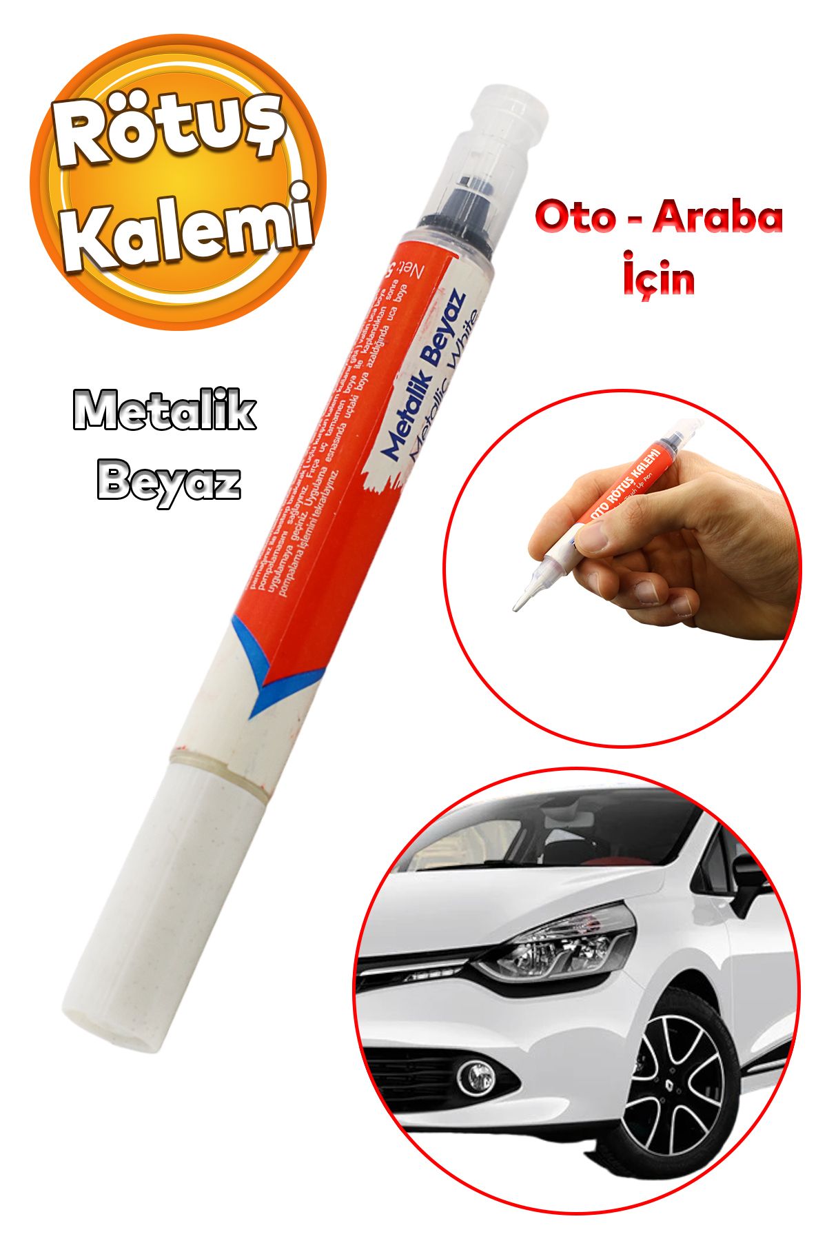 Badem10 Araç Oto Rötuş Kalemi 5 ml Kaporta Tampon Çizik Giderici Fırça Metalik Beyaz Renk Boya Kalemi