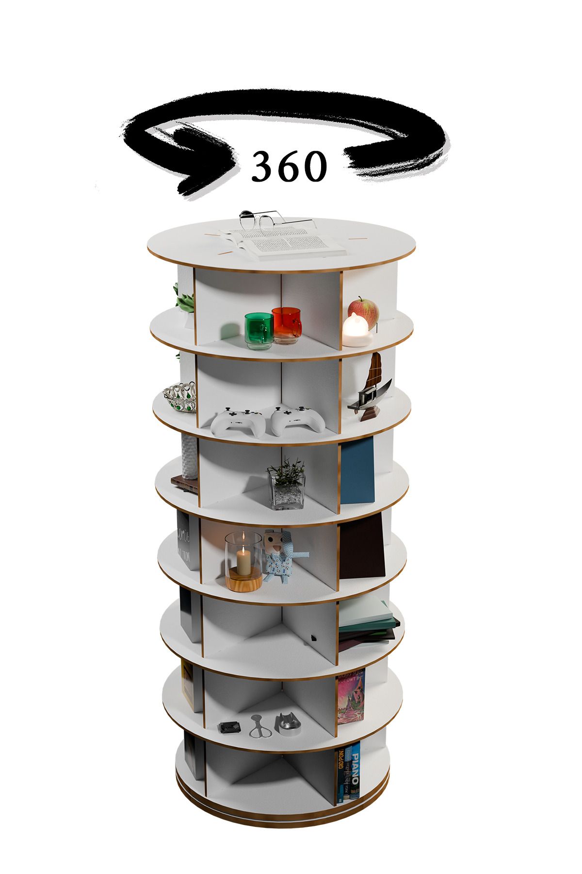 Mionte Flat-Pack 360° Dönen Kitaplık, Dönen Dolap, Dönen raf kulesi, Orijinal Dönen 7 katmanlı Dolap, Dönebilen Stand