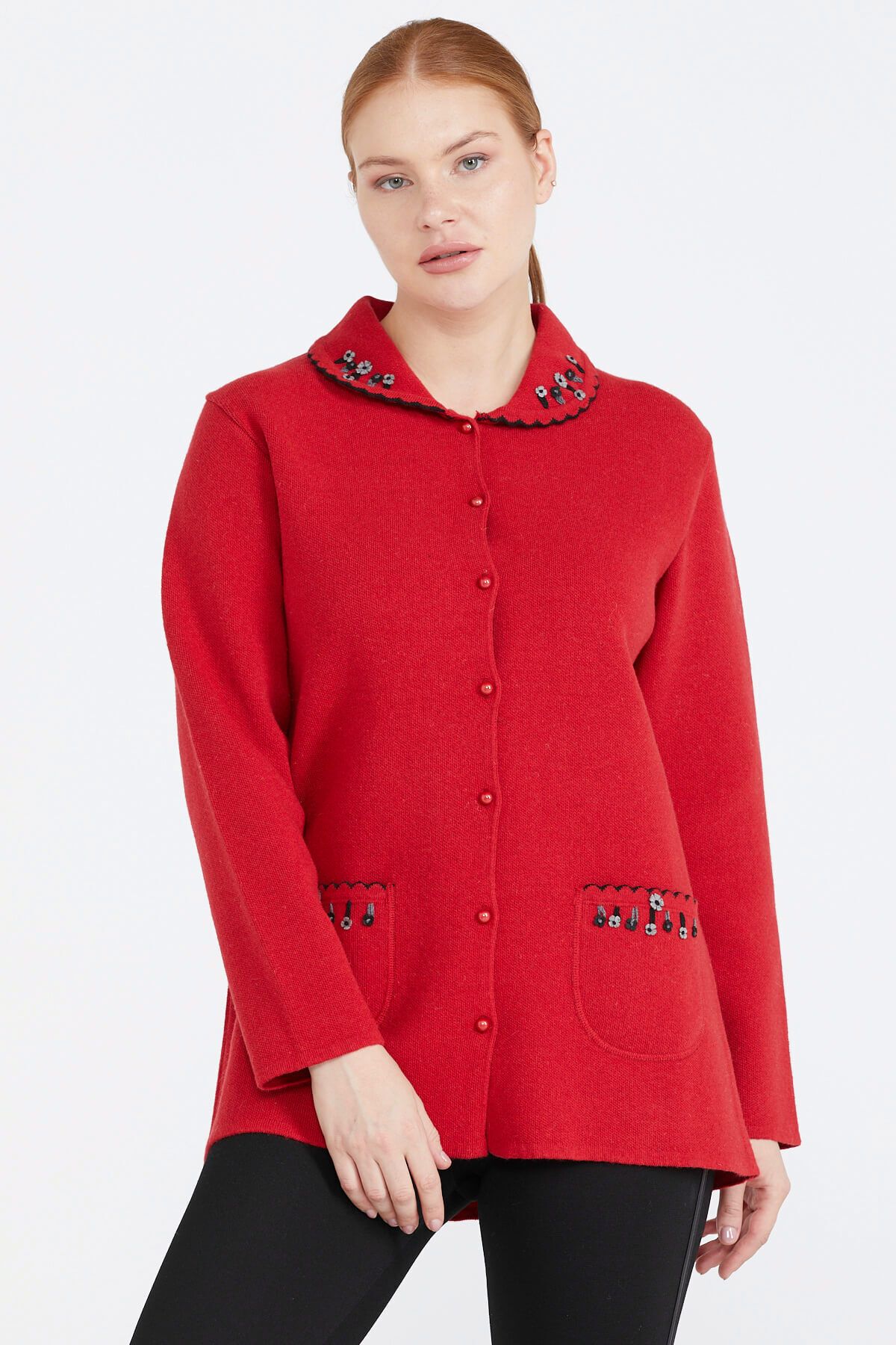 Sementa Kadın Polo Yaka Cepli Nakışlı Triko Ceket - Kırmızı