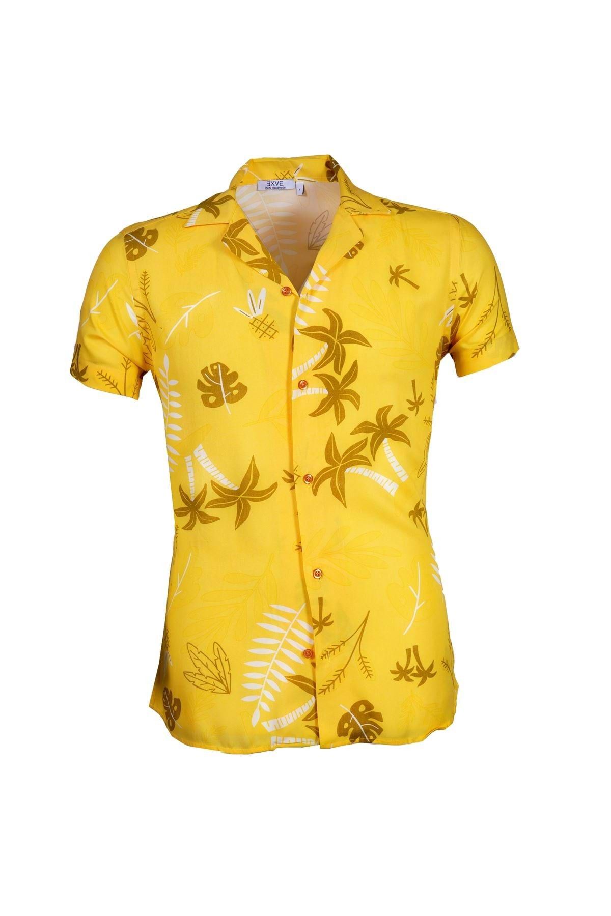Exve Exclusive Sarı Palmiye Yaz Temalı Dijital Baskı Viskon Nefes Alan Hawaii Apaş Yaka Kısa Kollu Yazlık Gömlek