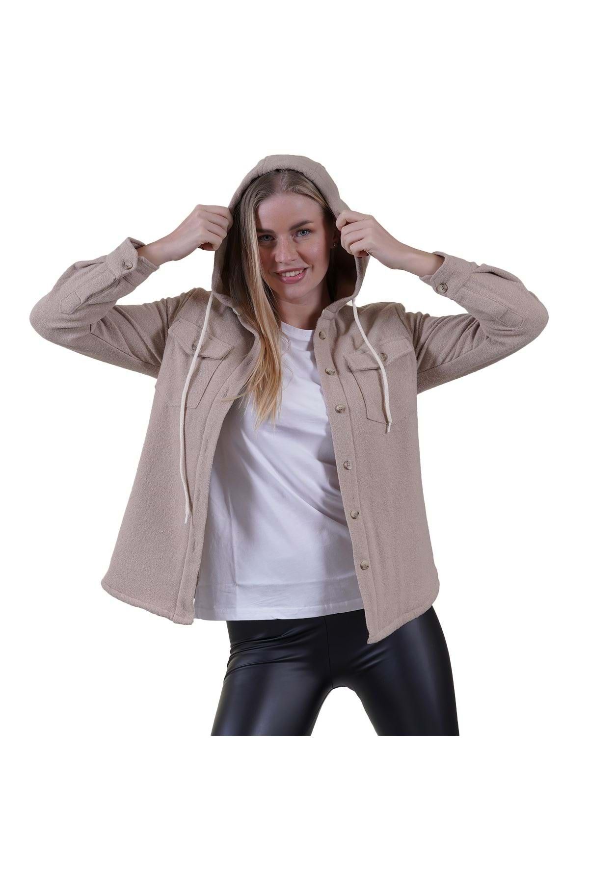 Exve Exclusive Bej Rengi Sade Kapüşonlu içi Yün Kürklü Kışlık Oduncu Kadın Ceket Gömlek