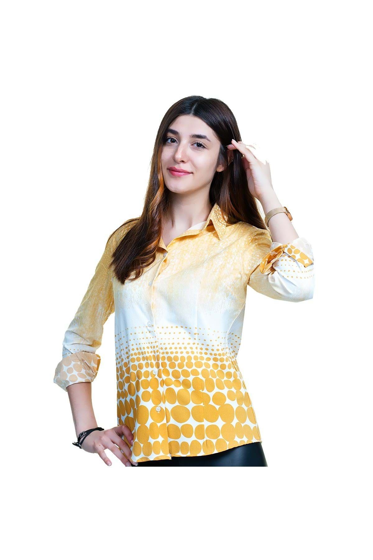 Exve Exclusive Sarı Beyaz Geçişli Eteği Puanlı Kadın Gömlek