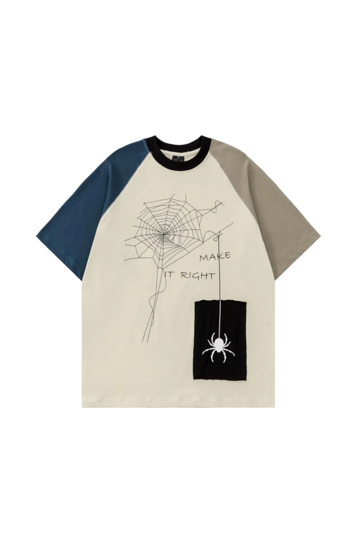 Köstebek Örümcek Ağ Baskılı ve Patch Detay Bej Kısa Kollu Unisex Tshirt
