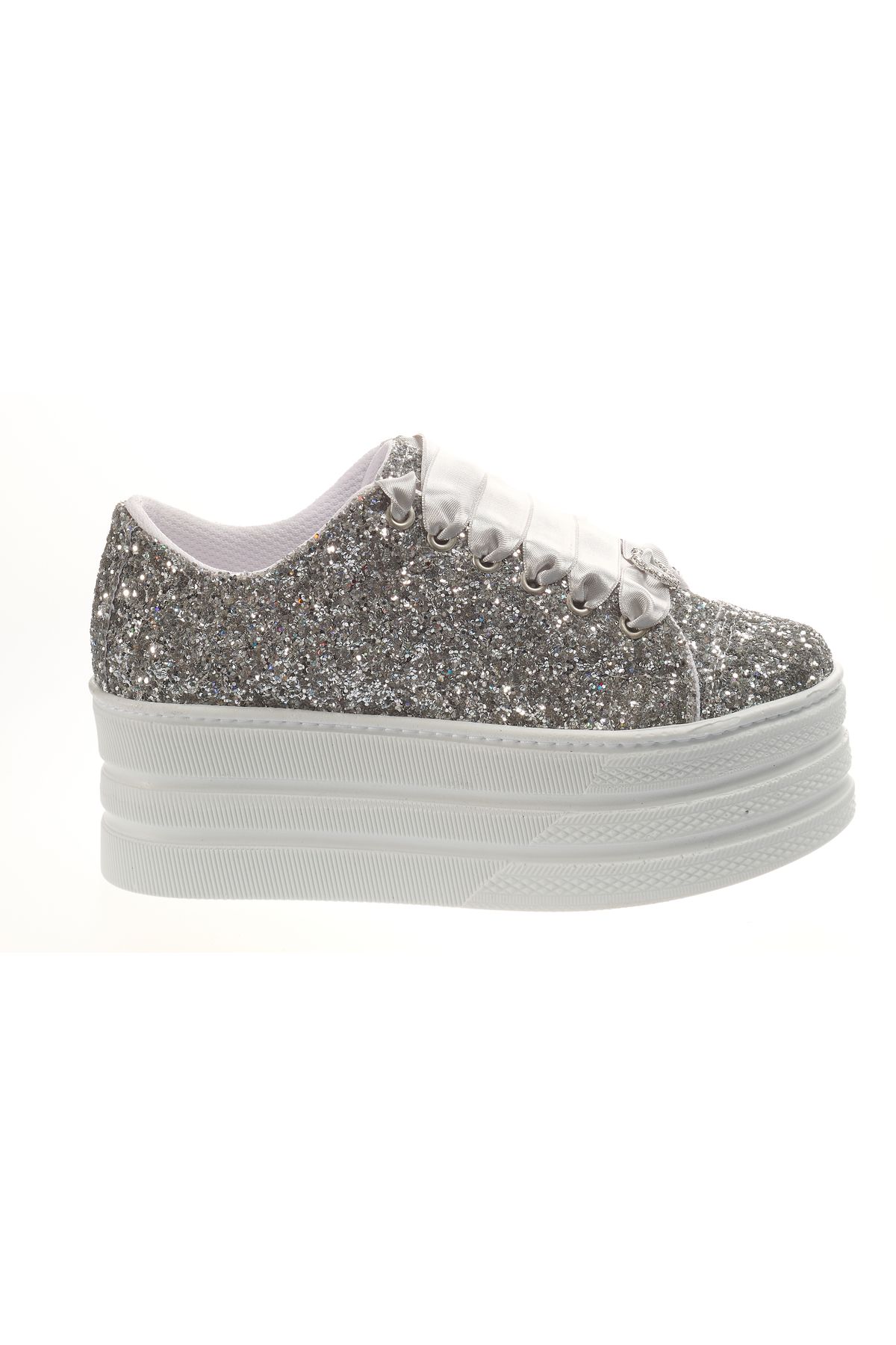 Ayakkabı Tutkusu Stilo ® Gümüş Prıltılılı Spor Ayakkabı Düz Platform Yükseklik Şık ve Rahat Kadın Ayakkabı