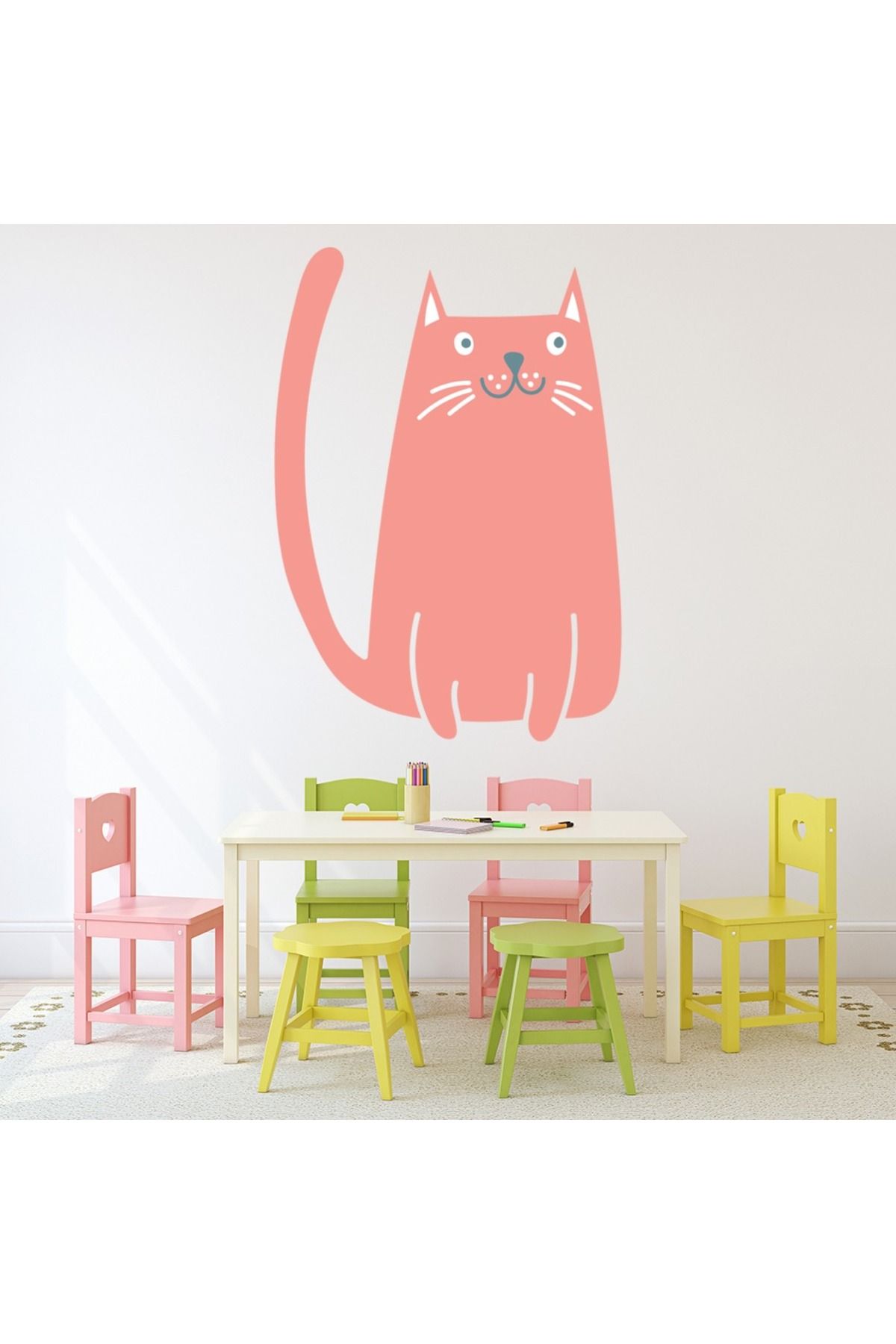 Modatools Pembe Kedi Sevimli Yavru Kedi Dekoratif Duvar Sticker Çıkartma Yatak Çocuk Odası