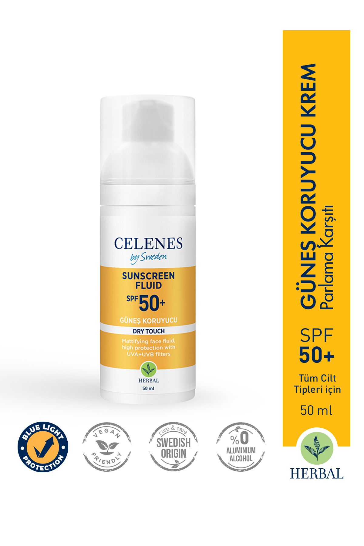 Celenes by Sweden HERBAL DRY TOUCH HİGH PROTECTİON FLUİD 50 SPF / SUNSCREEN / FACE AND DÉCOLLETÉ AREA KEYON2039
