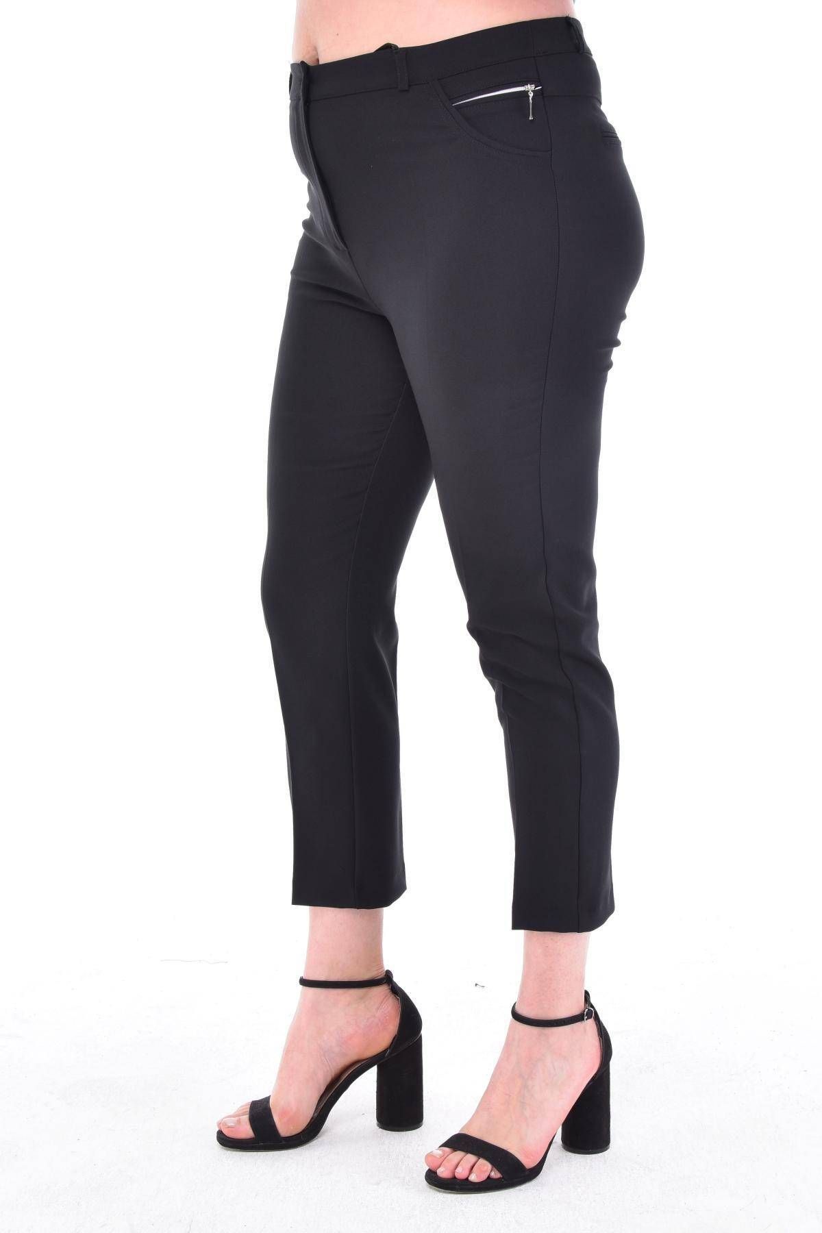 Hanezza Kadın Büyük Beden Bilek Boy 360° Likralı Siyah Slim Fit Kumaş Pantolon