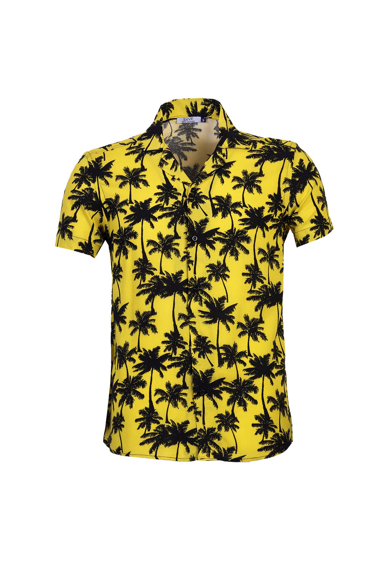 Exve Exclusive Sarı Üzerine Siyah Palmie Hawaii Desen Oversize Rahat Kesim Kısa Kollu Salaş Gömlek