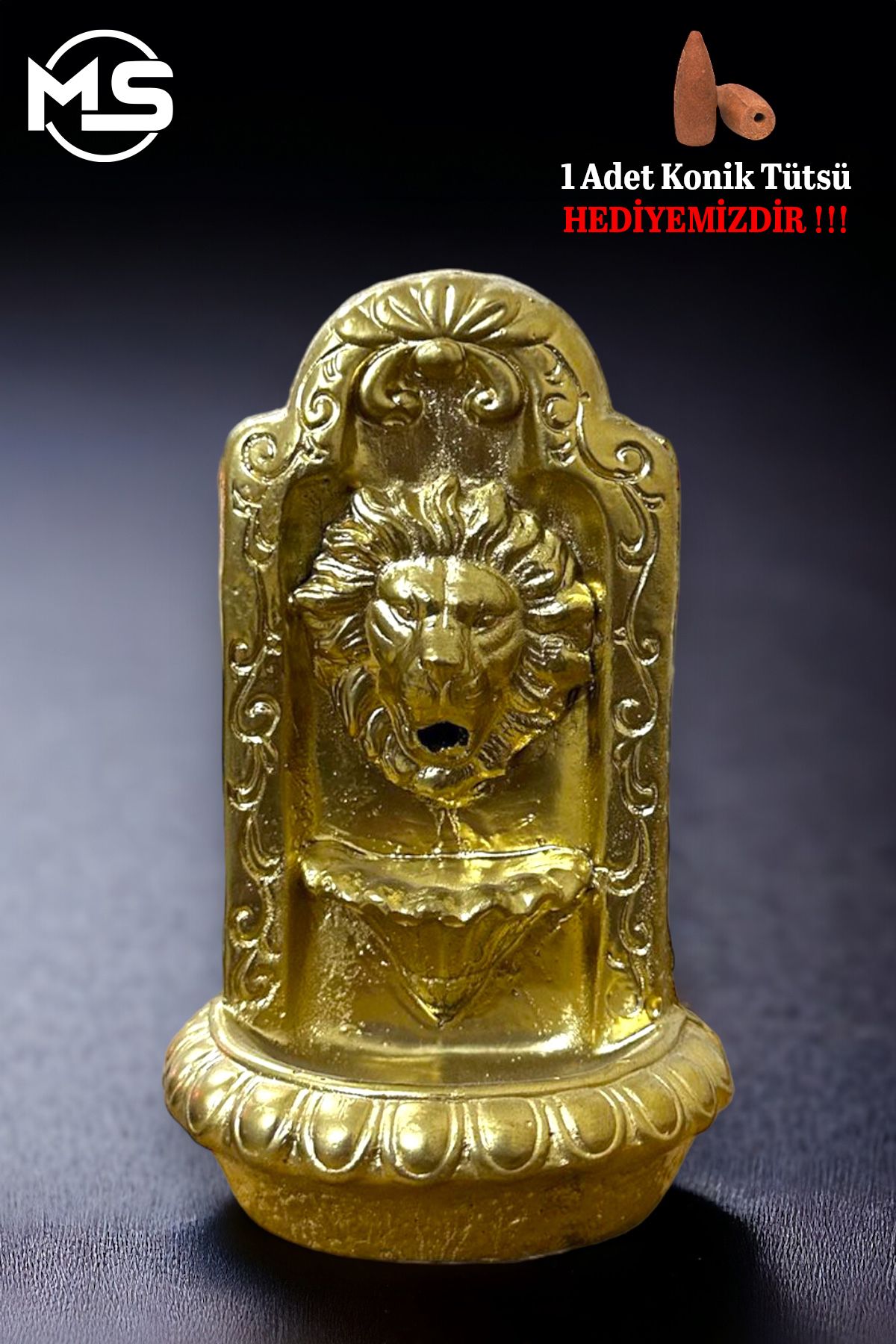 Main Collectibles Aslan Şelale Tütsülük Buhurdanlık Konik Tütsü Uyumlu Geri Akış Tütsü Figür Gold Altın