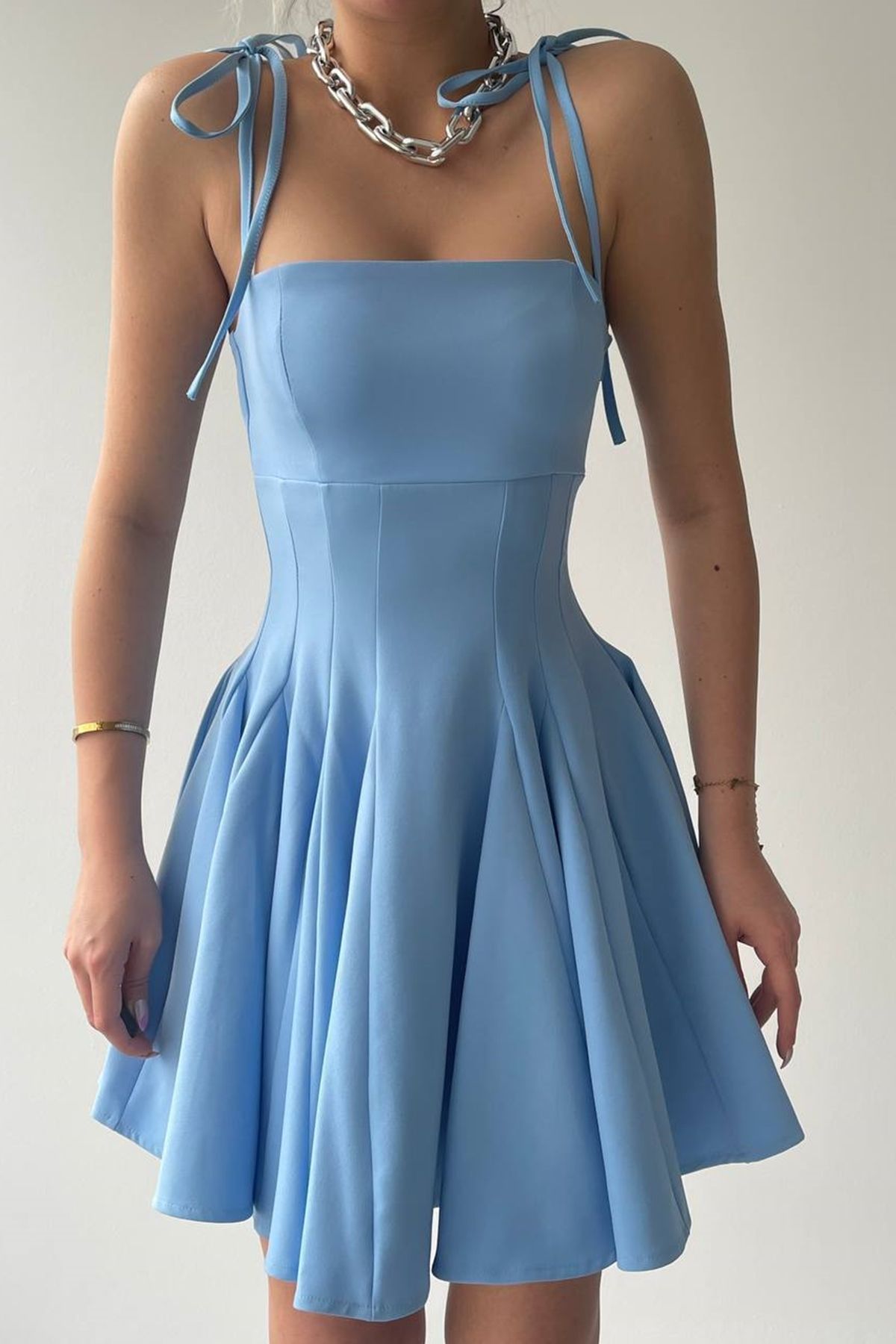 Secret Passion Lingerie Atlas Kumaş Bağcık Detaylı İnce Askılı Kloş Prenses Kesim Bebe Mavi Elbise Mezuniyet Elbisesi 164