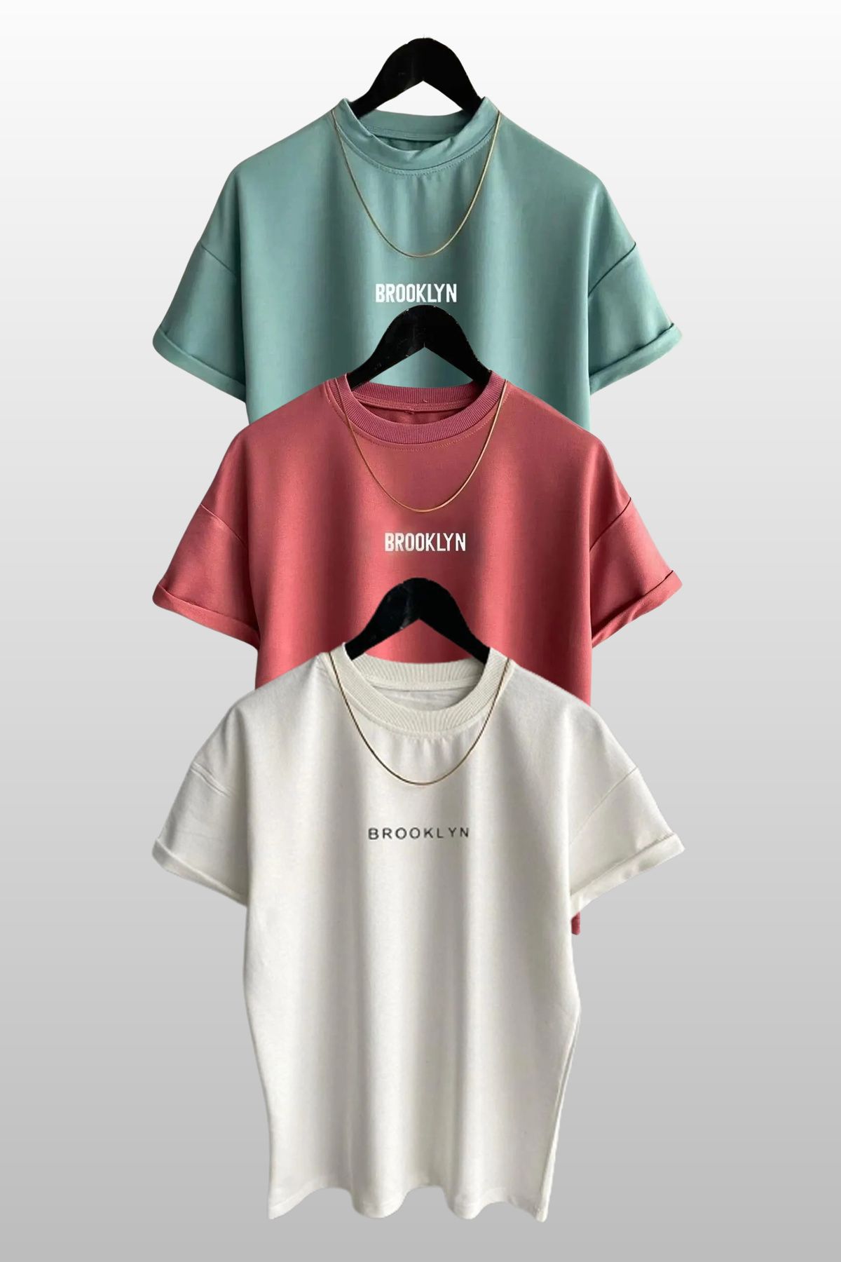 MODAGEN Unisex Brooklyn Baskılı 3lü Paket Beyaz-Gül Kurusu-Mint T-shirt