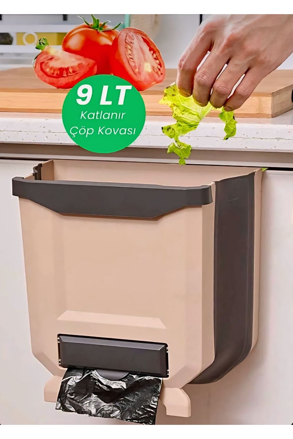 Mi-ÇA HOME Katlanabilir Dolap Kapağı içi Dışı Gizlenebilir Akordiyon Askılı Mutfak Tezgahaltı 9 LT Çöp Kovası