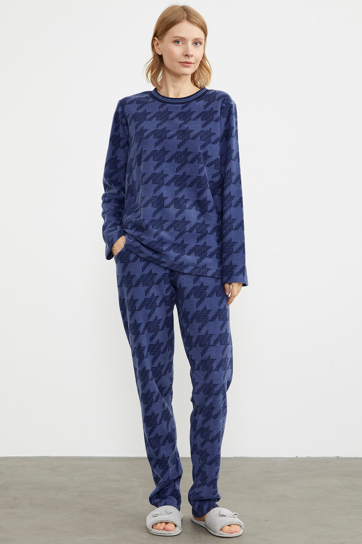 Sementa Sıfır Yaka Desenli Polar Pijama Takım - Indigo