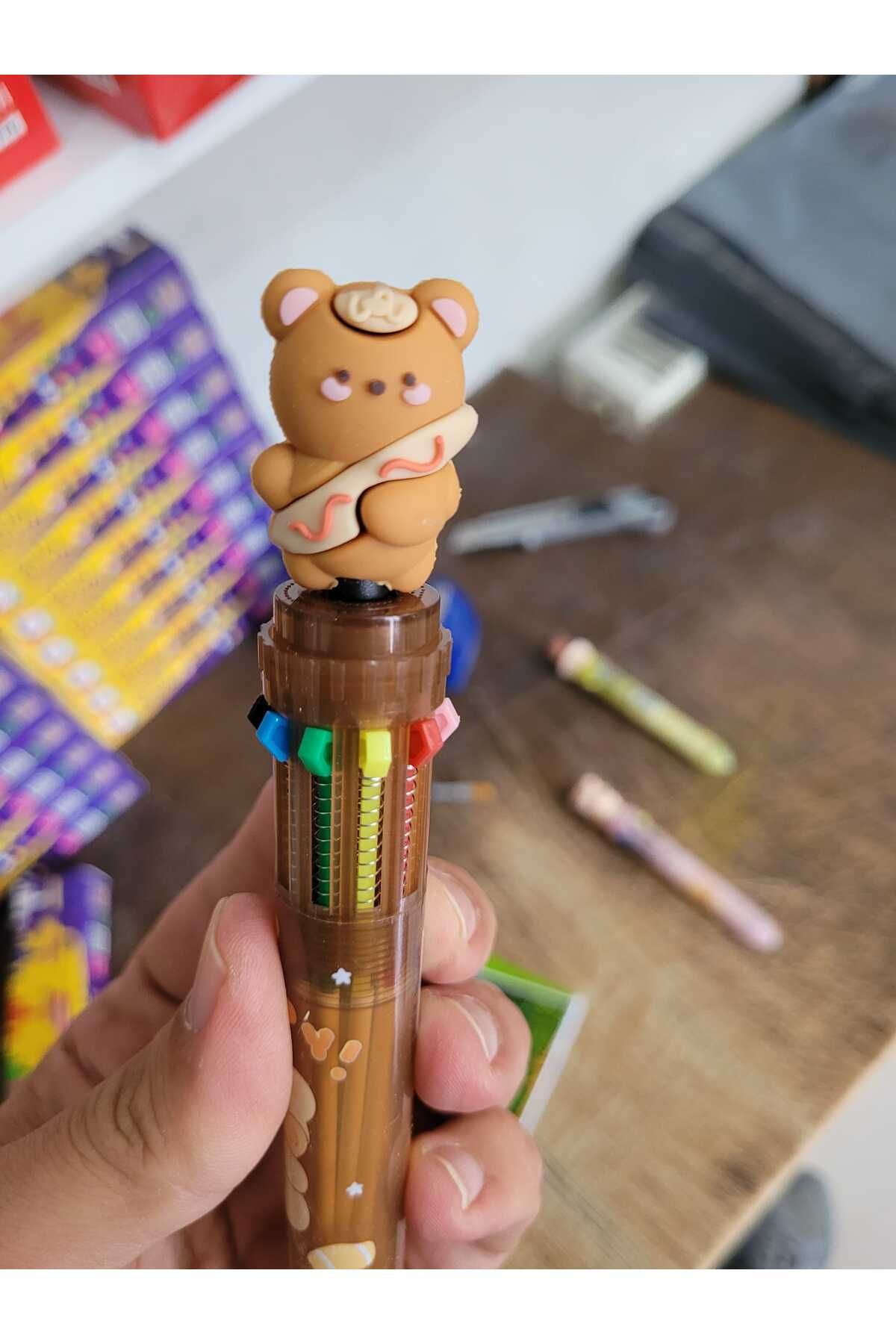 O&S Oyun ve Sanat Eğlen-Üret Hediyelik ayıcık kalem, 10 renk tükenmez kalem, tatlı tatlış ilkokul ortaokul çocuk hediye