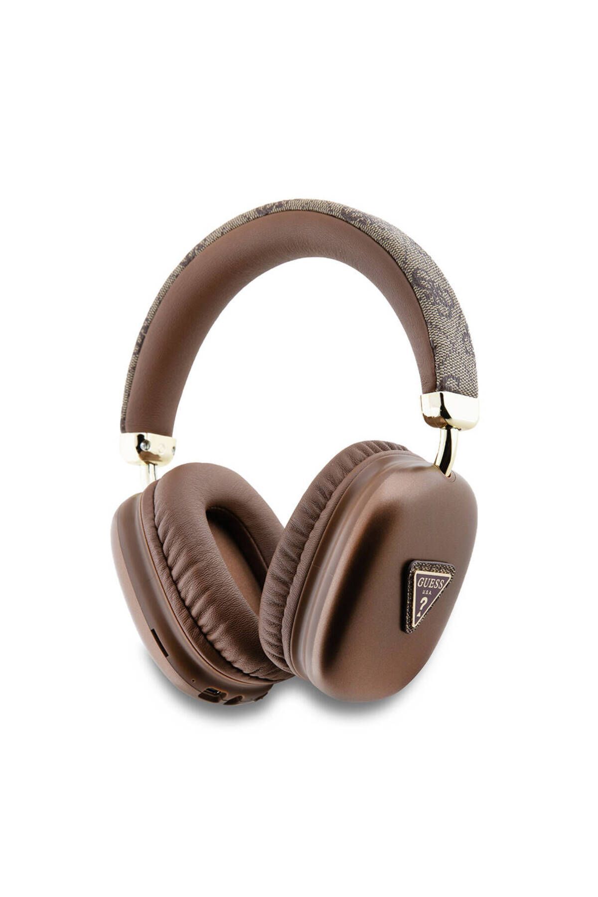 Guess Lisanslı Kulak Üstü Bluetooth Kulaklık Guess PU 4G Desenli Üçgen Logolu V5.3 Kahverengi