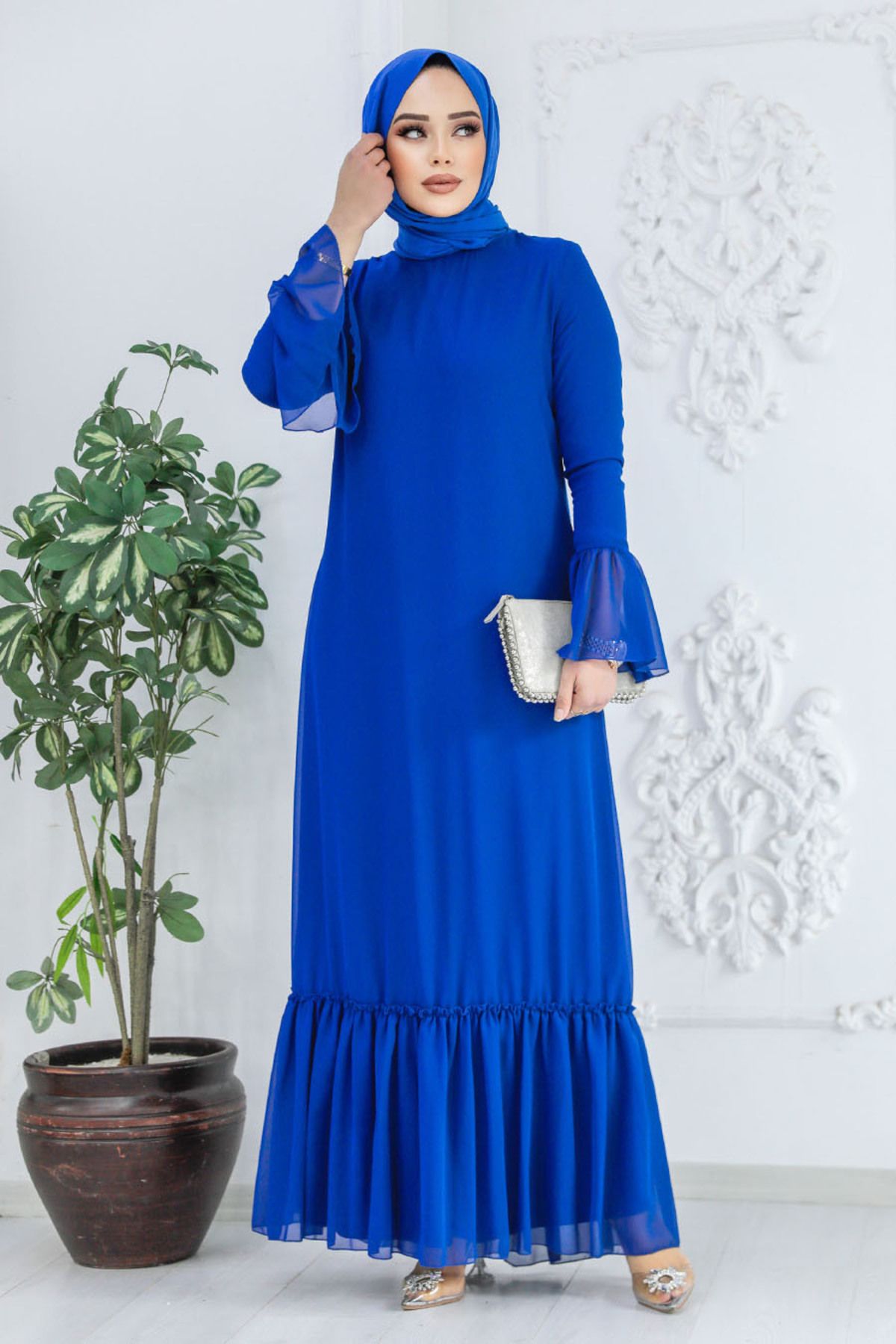 Neva Style - Kol Ucu Volanlı Sax Mavisi Tesettür Elbise 5729sx