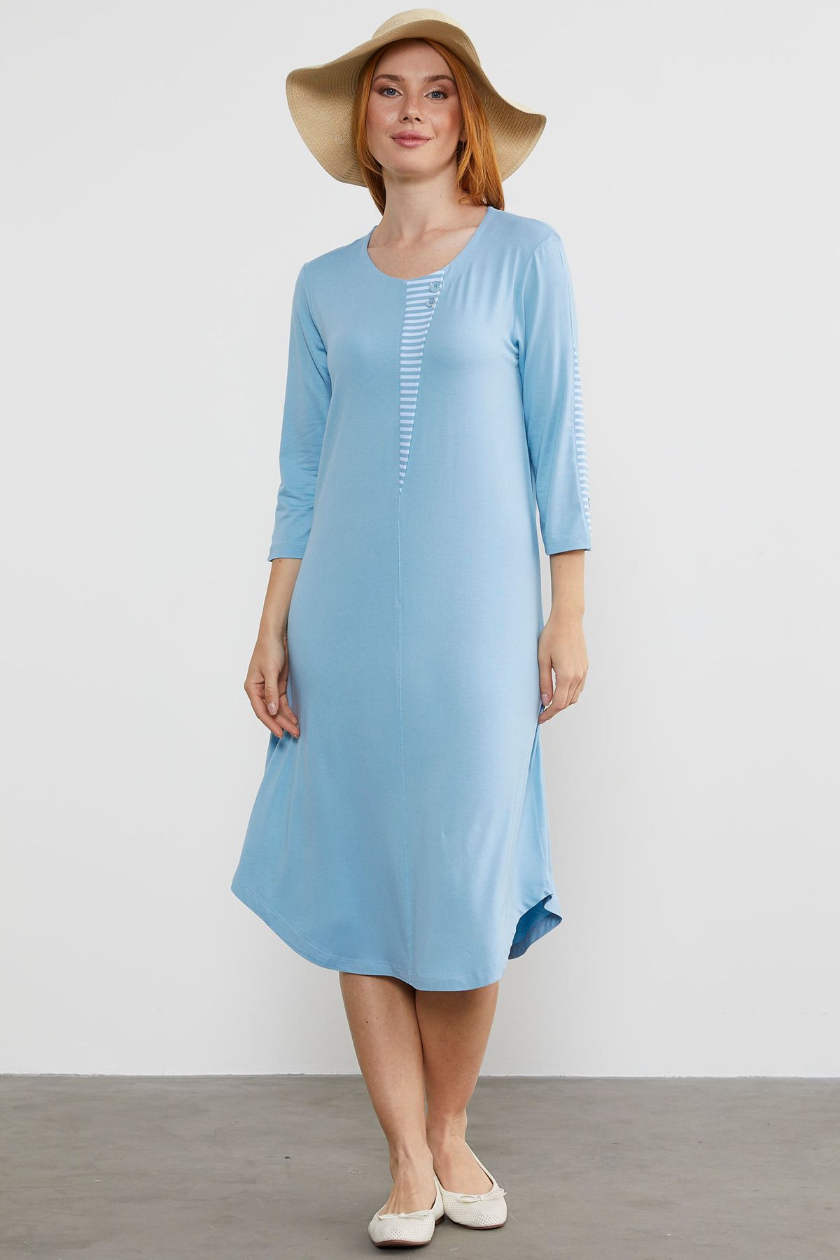 Sementa Çizgi Detaylı Dökümlü Penye Elbise - Mavi