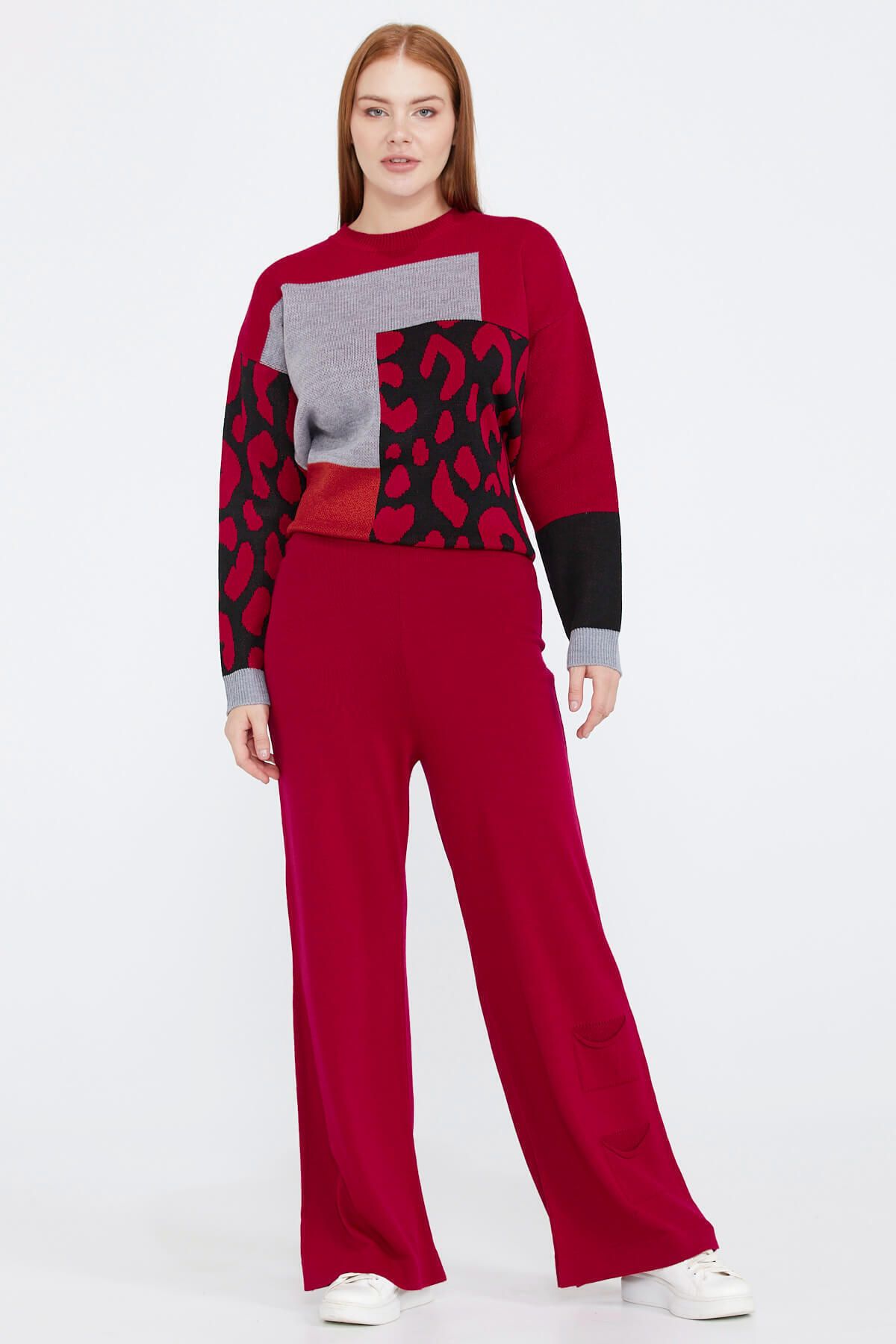 Sementa Triko Kadın Paçası Cep Detaylı Pantolon  Kırmızı