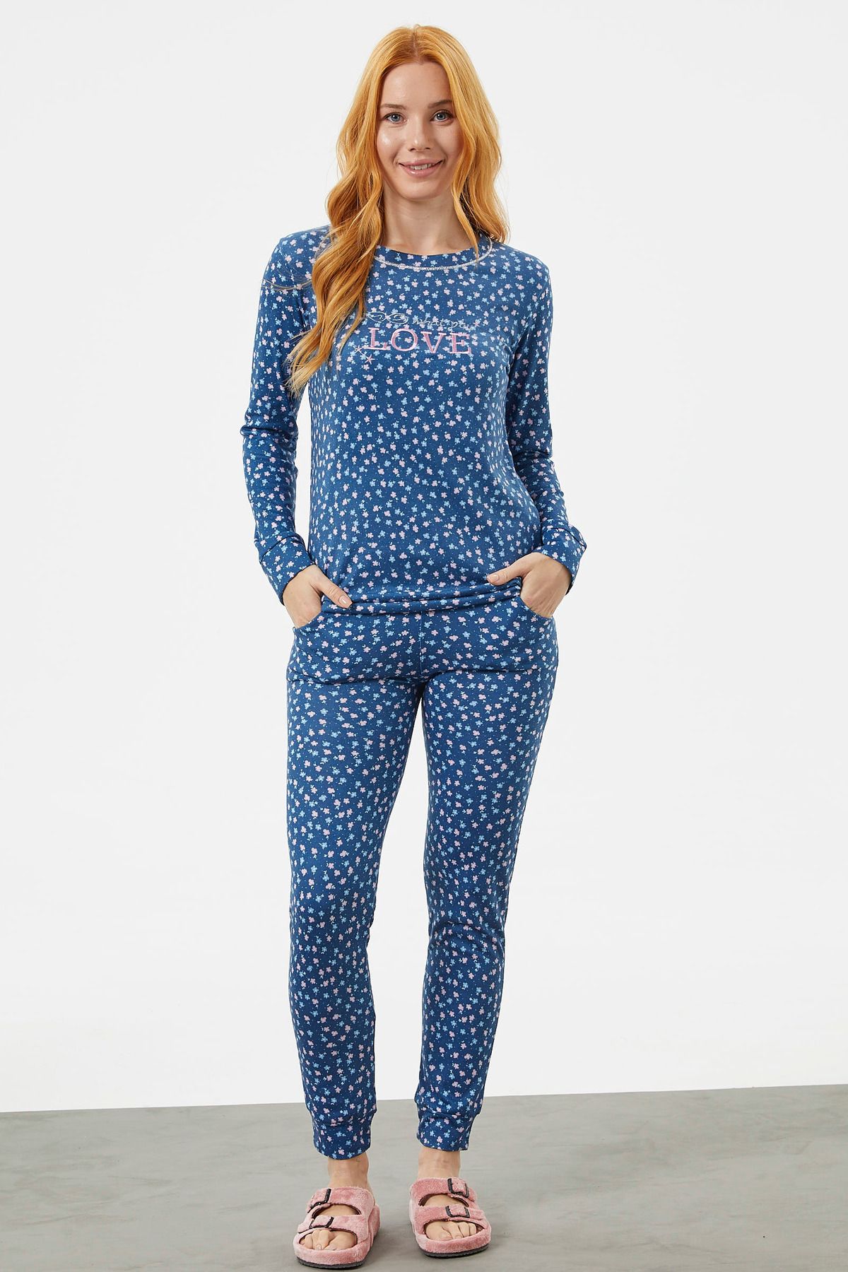 Sementa Nakış Detaylı Çiçekli Pijama Takım - Lacivert