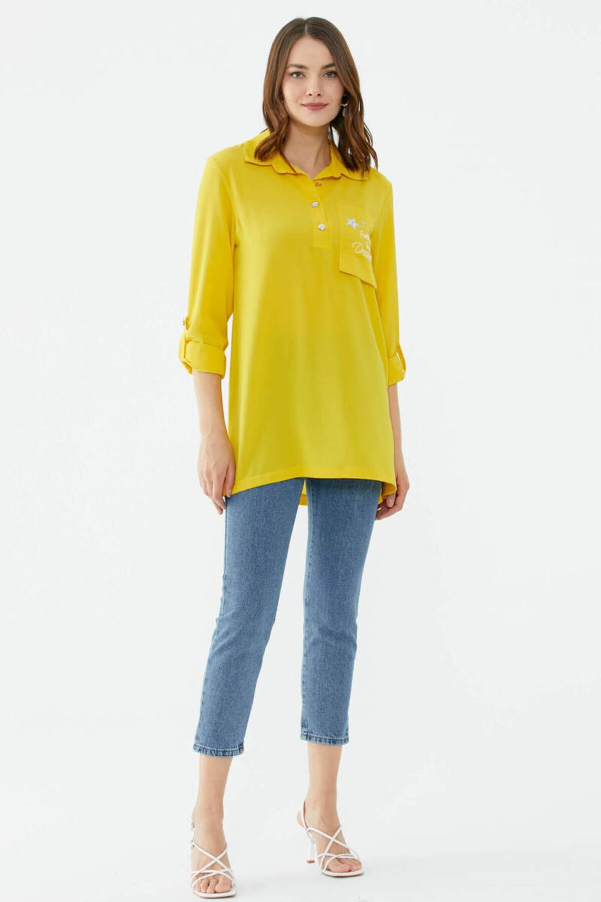 Sementa Cep Detaylı Krep Uzun Gömlek - Sarı