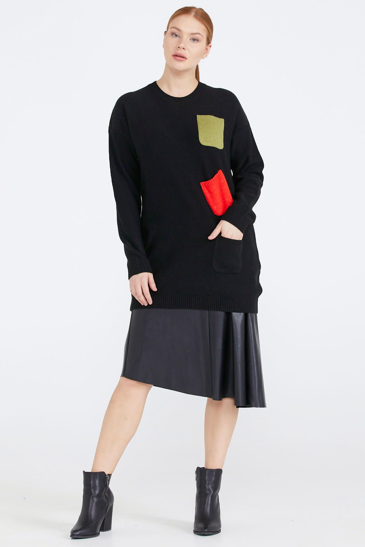 Sementa Kadın Renkli Cep Detaylı Triko Tunik - Siyah
