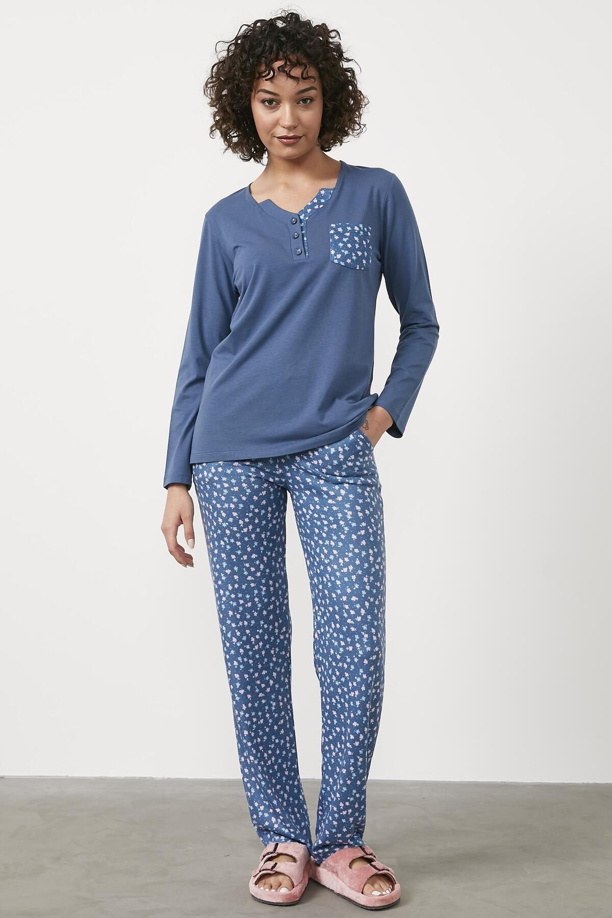 Sementa Modal Desen Kombinli Pijama Takım - Mavi