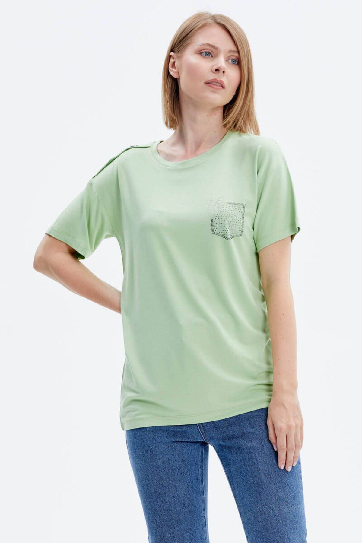 Sementa Taş Detaylı Geniş Kalıp Tshirt - Yeşil