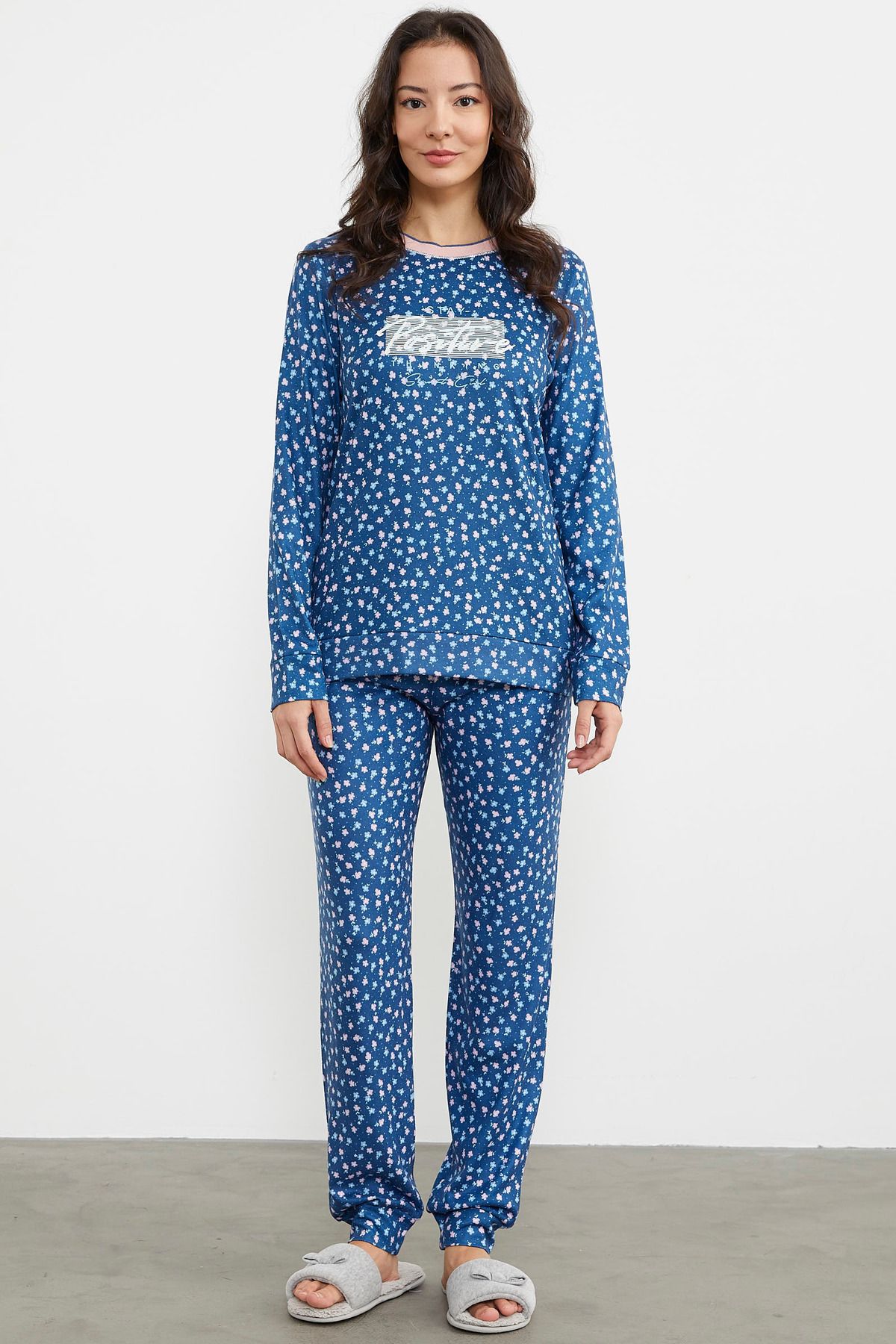 Sementa Çiçek Desen Renkli Pijama Takım - Lacivert
