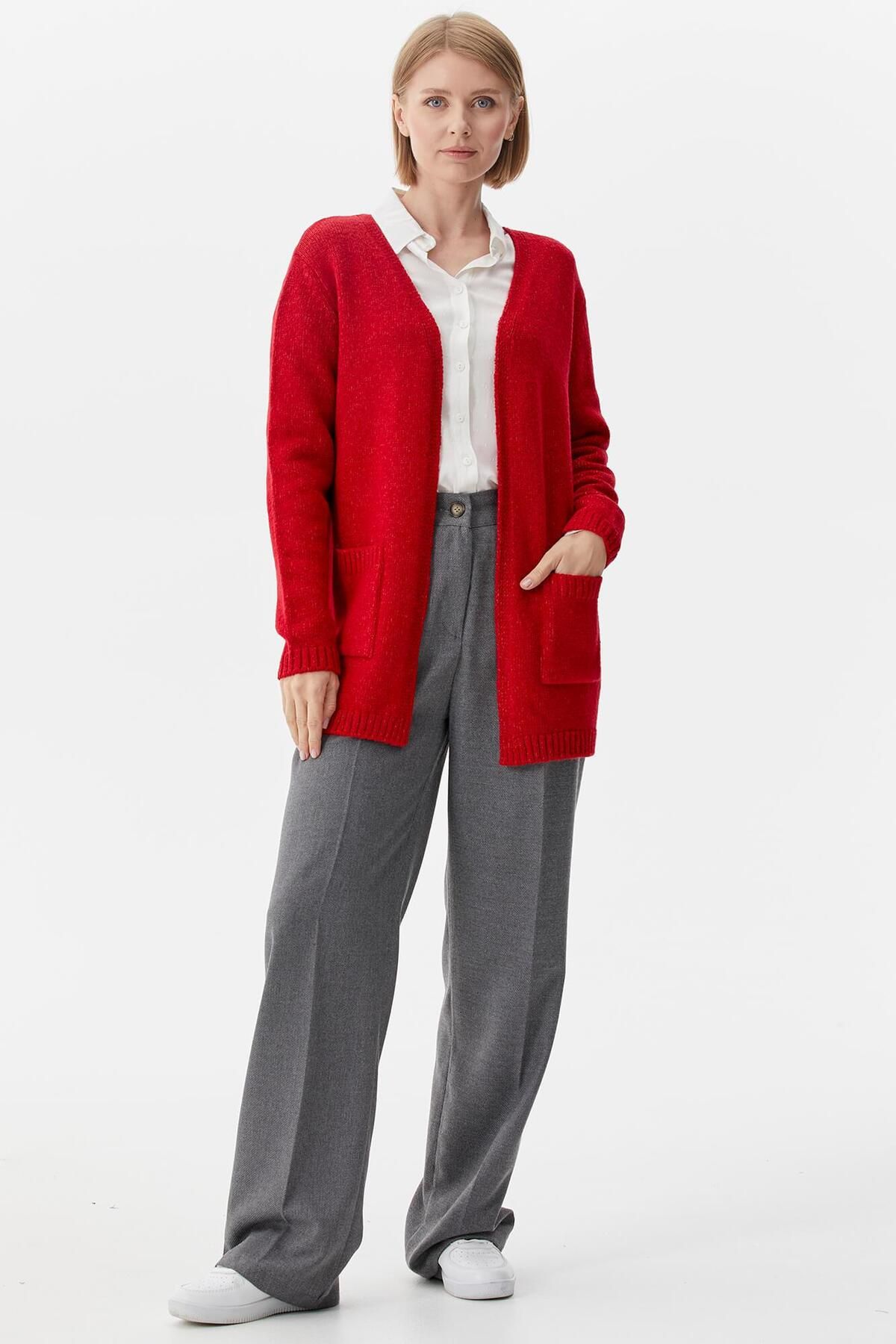 Sementa V Yaka Cepli Kadın Triko Ceket - Kırmızı