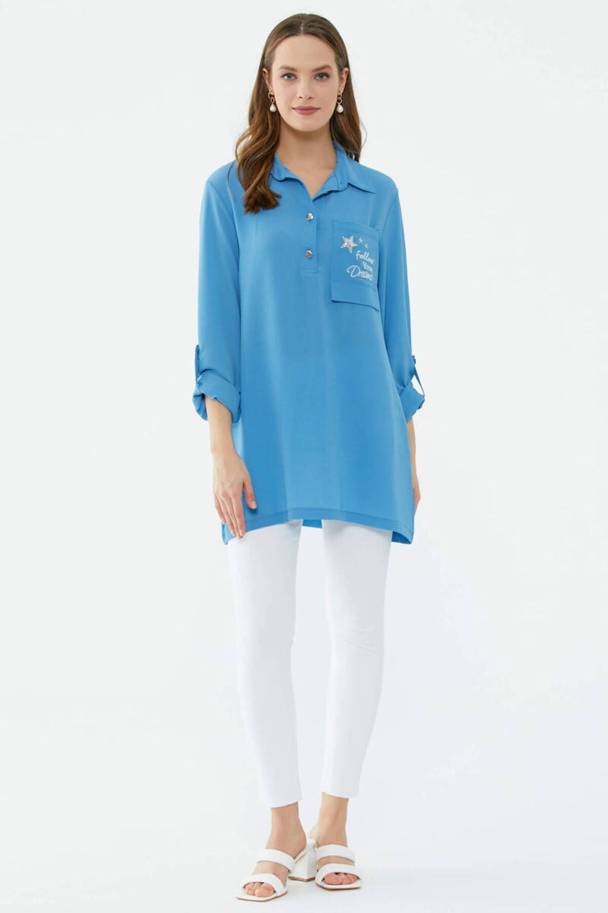 Sementa Cep Detaylı Krep Uzun Gömlek - Koyu Mavi