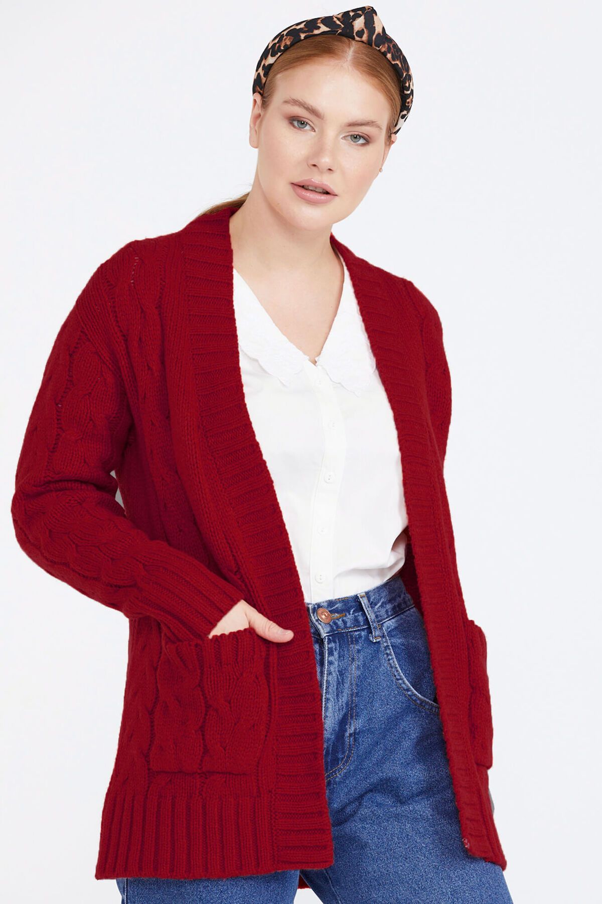 Sementa Kadın Saç Örgü Triko Ceket - Kırmızı