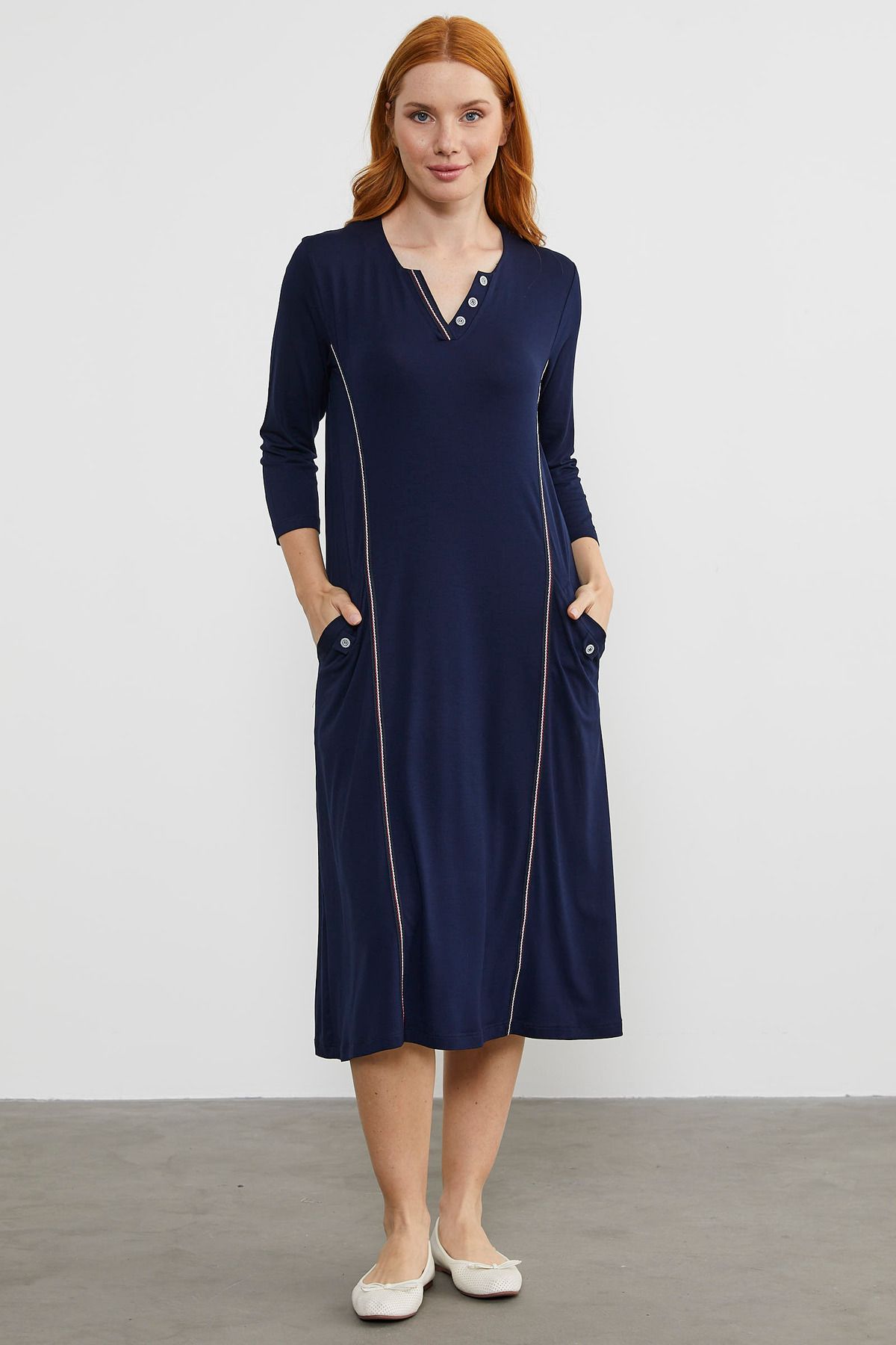 Sementa Açık Yaka Şerit Biyeli Penye Elbise - Lacivert