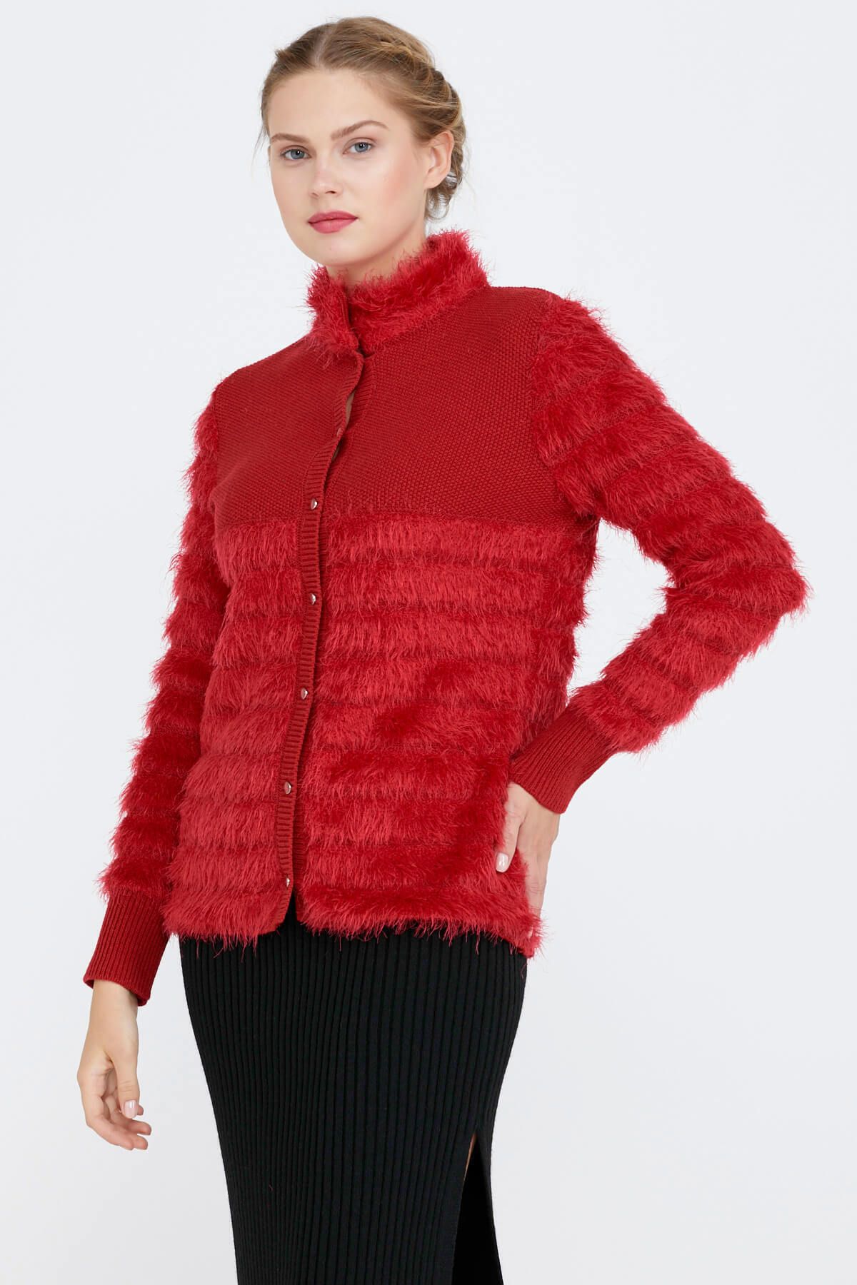 Sementa Sakal Iplikli Düğmeli Kadın Triko Ceket - Kırmızı