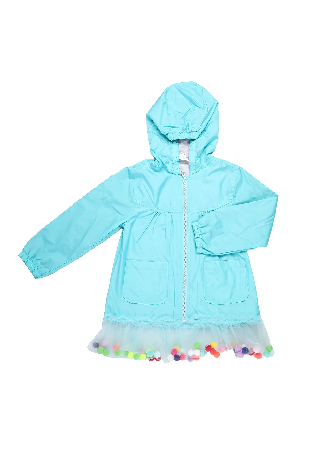 MİMBOKİDS Mimbo Kids Kız Çocuk Turkuaz Renkli Ponponlu Yağmurluk