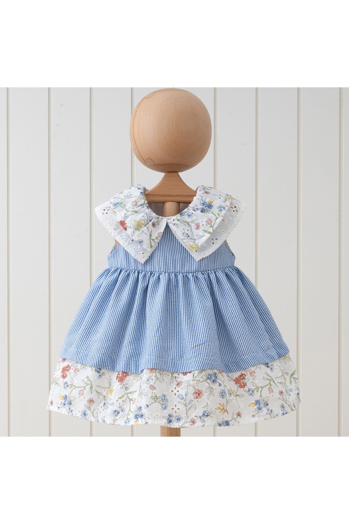 miomini Blossom Stripes %100 Pamuk Çizgili ve Çiçekli Kız Bebek Elbisesi