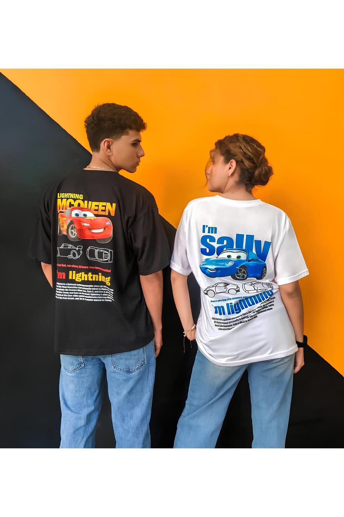 AEMİ Kadın Erkek Unisex Şimşek Mcqueen- Sally Cars Sevgili Çift Kombini Oversize Tshirt 2'li Takım