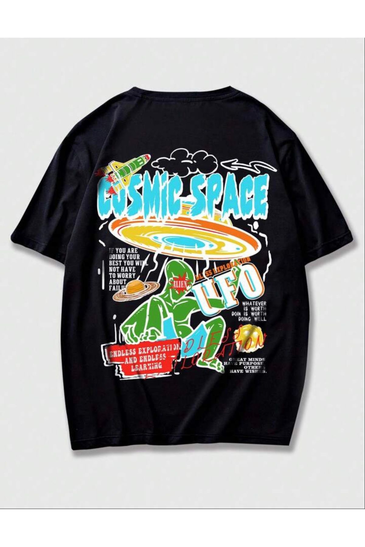OLCMODA Unisex Siyah Cosmic Space Ufo Baskılı Oversize T-shirt