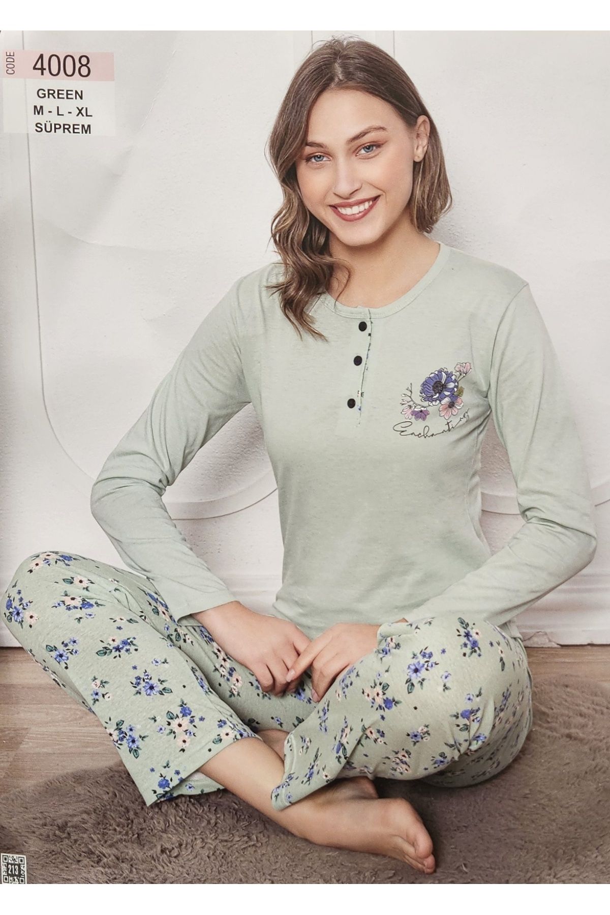 Mirano Pamuklu Uzunkollu Çiçek Desenli Kadın Pijama Takımı Yeşil 4007