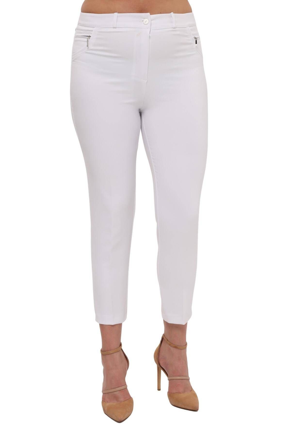 Hanezza Kadın Büyük Beden Beyaz Bilek Boy Yüksek Bel 42-56 Likralı Slim Fit Pantolon