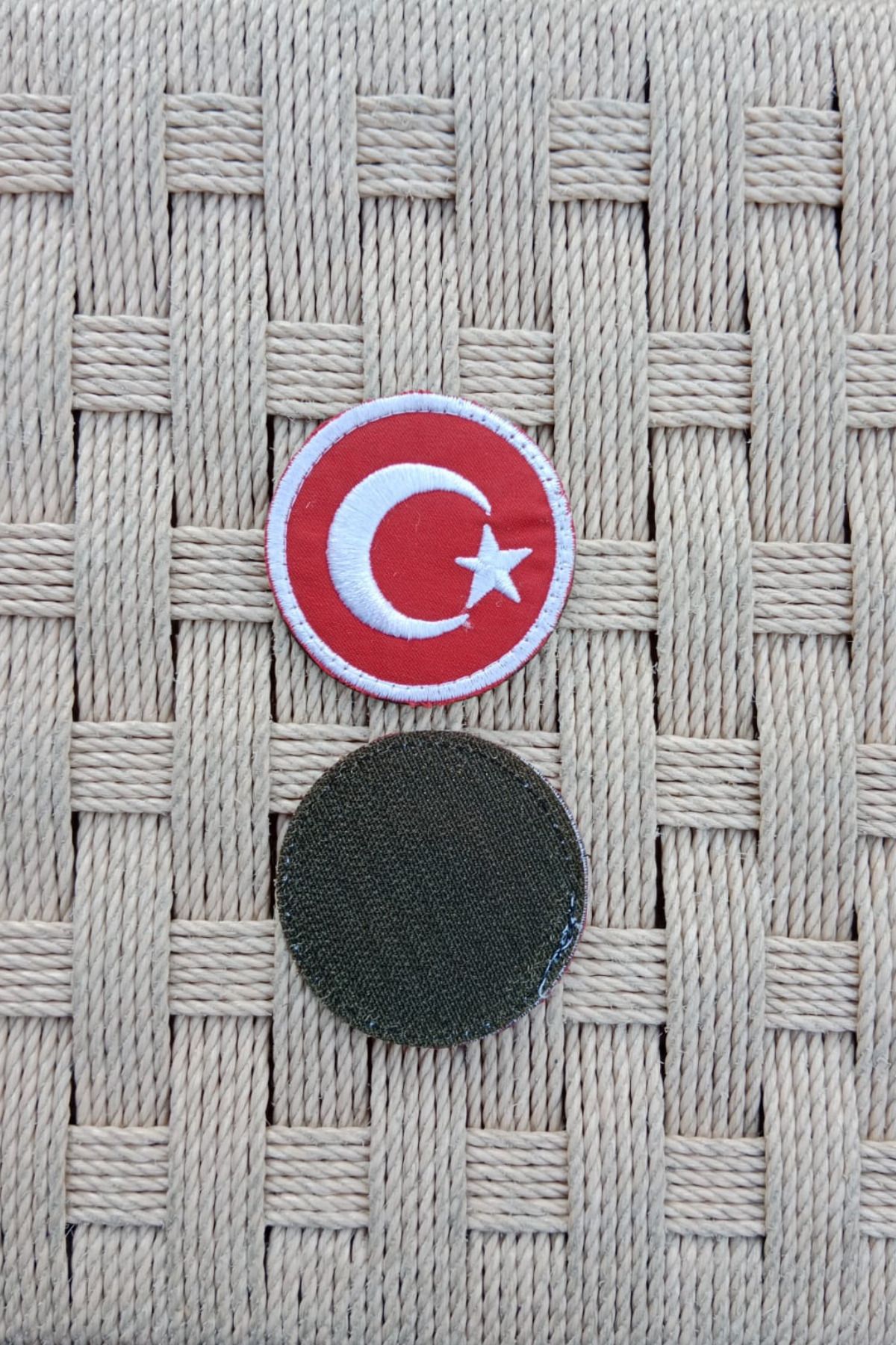 BURAK ASKERİ MALZEME Nakış işlemeli Kırmızı Renkli Kadife Kumaş Yuvarlak Zemin Ayyıldız Arma Patch Peç