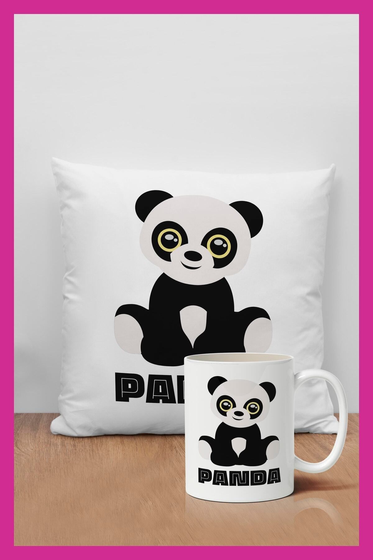 Azresa Panda Baskılı Dekoratif Hediyelik Yastık Ve Kupa Seti