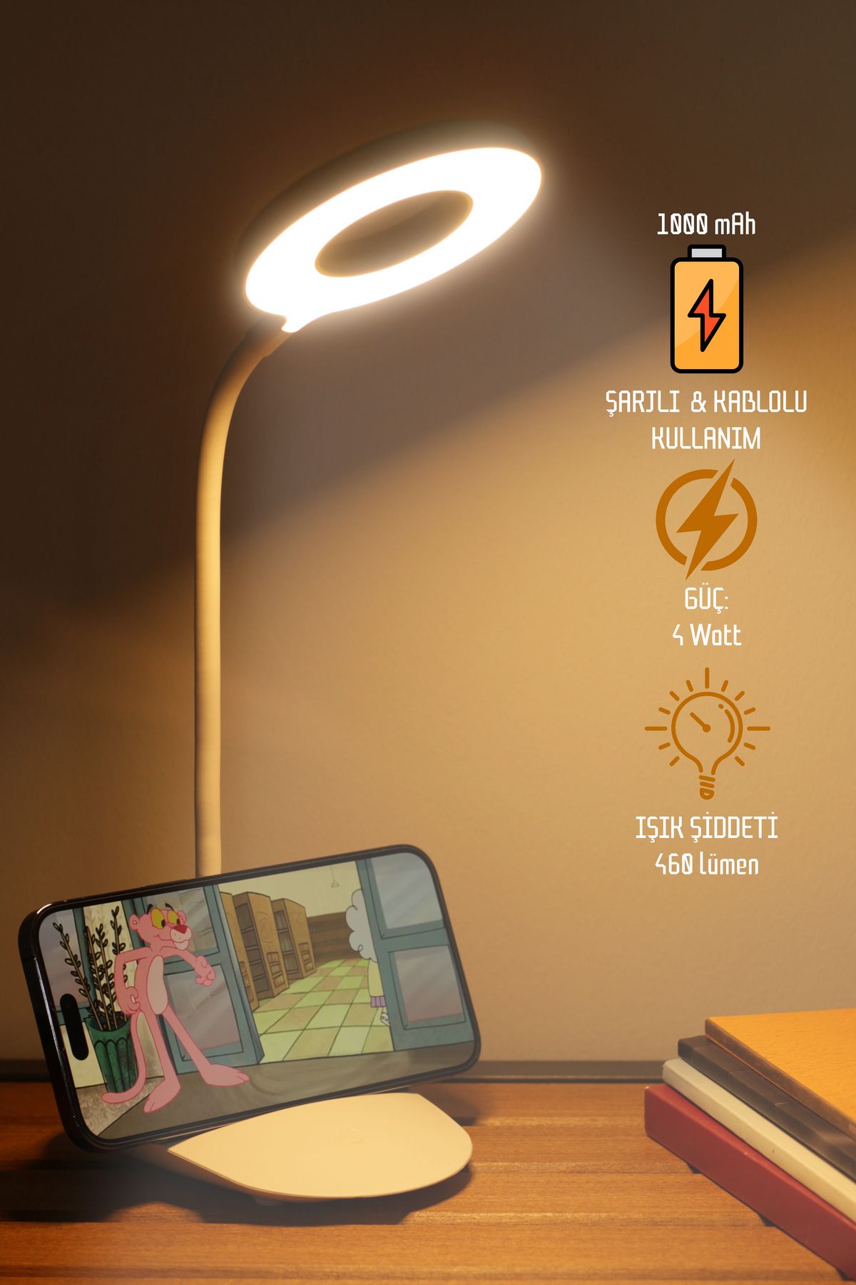 Telvesse Şarjlı Masa Lambası Dokunmatik 3 Renk 24 Led Telefon Standlı Kademeli Çalışma Okuma Işığı