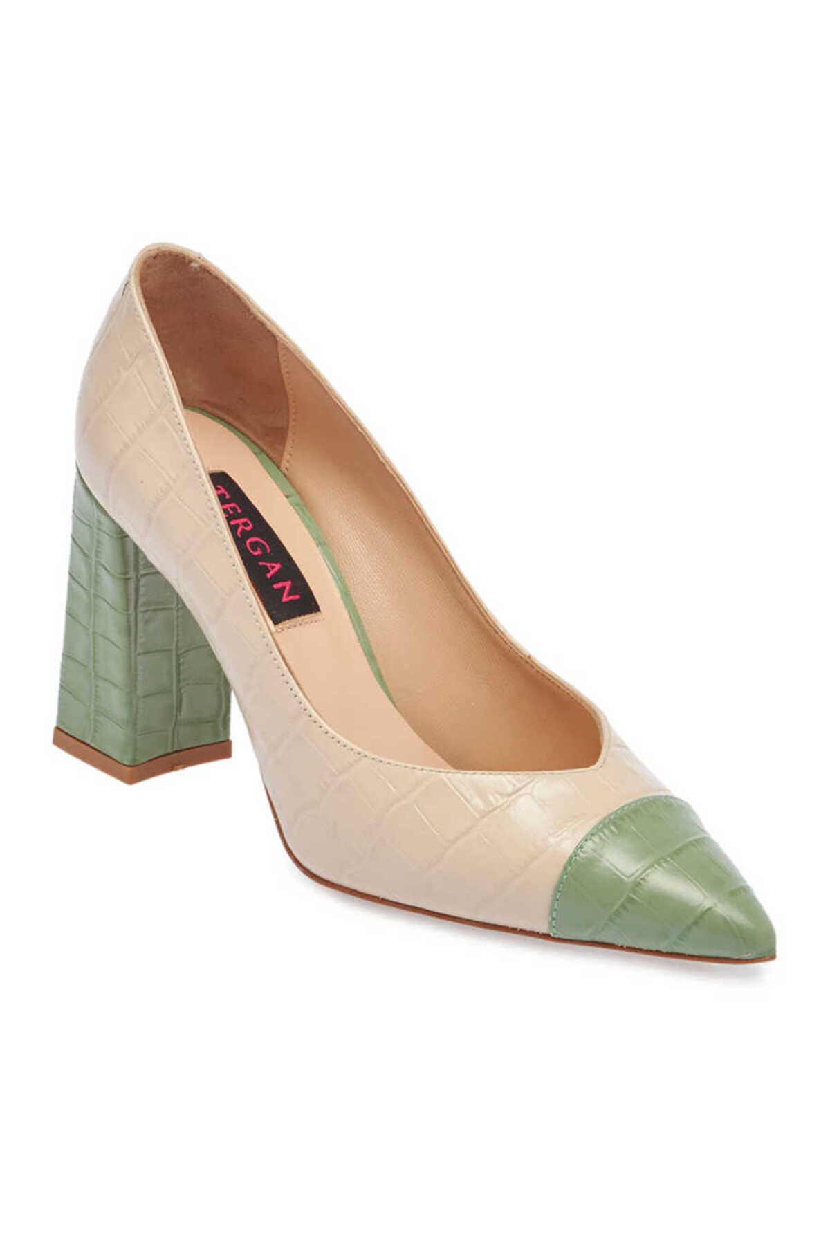 Tergan Yeşil Deri Kadın Topuklu Ayakkabı - K24I1AY67375-K9T